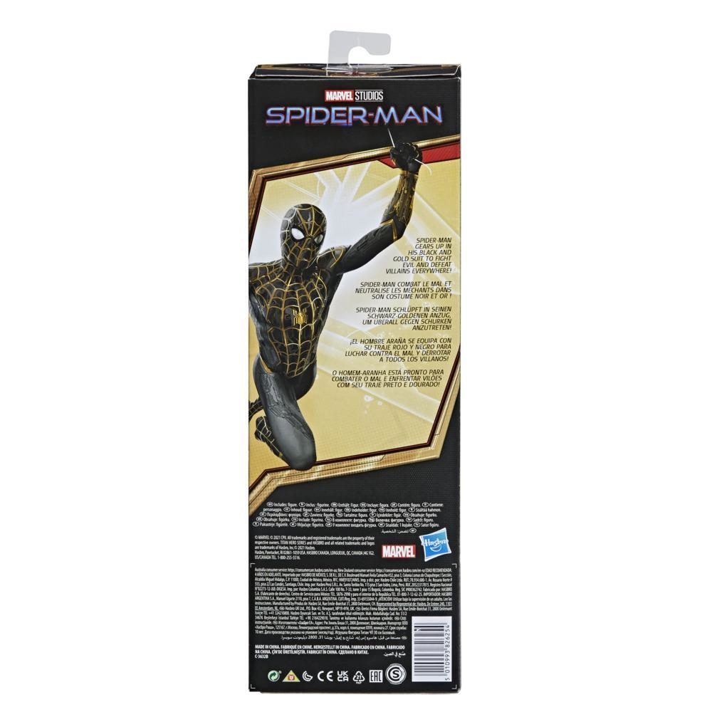Spider-Man-Spielzeugbox. Schwarz-goldene Spider-Man-Illustration. Texte in mehreren Sprachen. Weißer Hintergrund.