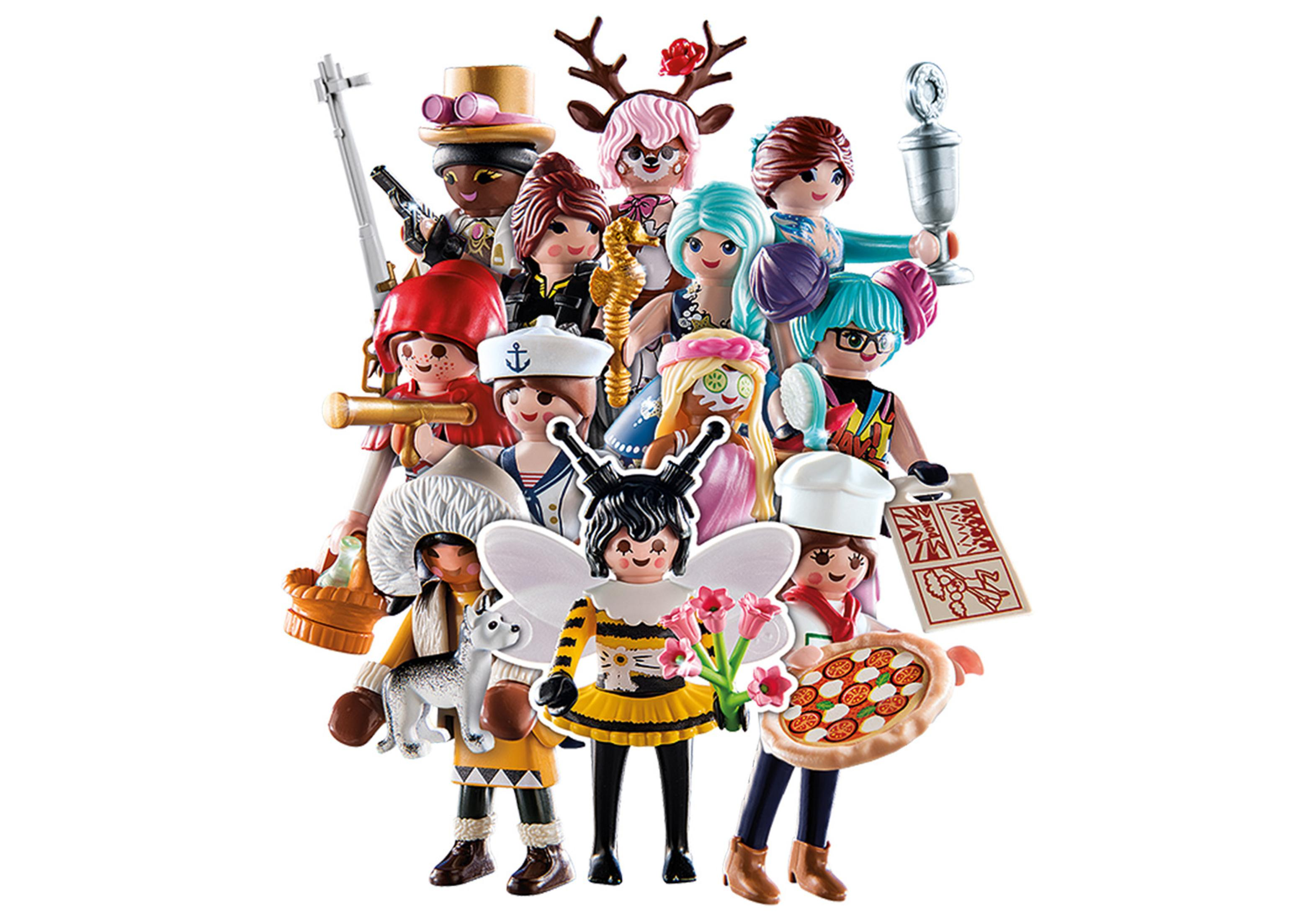 Un gruppo di personaggi Playmobil, vari personaggi con abiti diversi, che posano insieme.