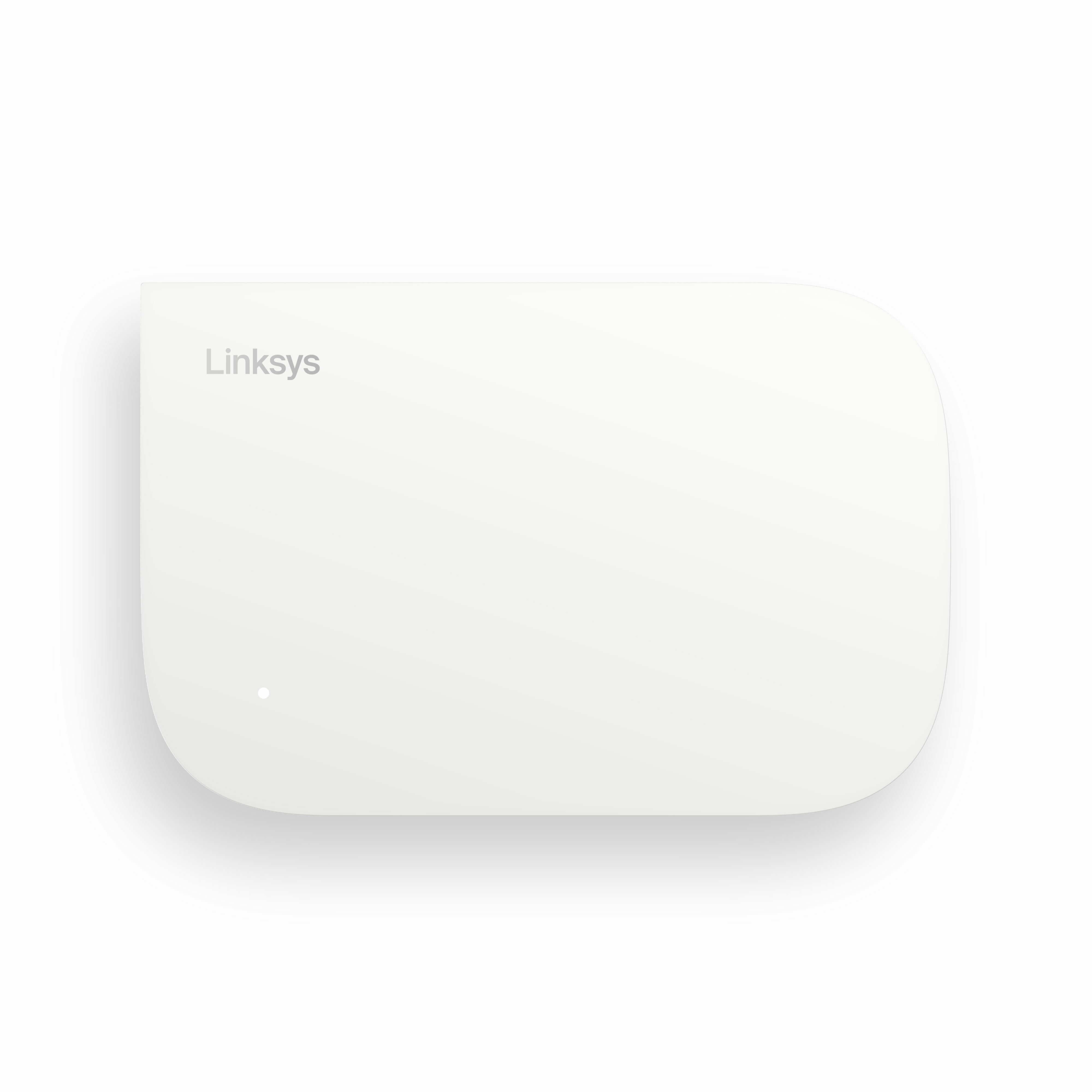 Un router Linksysis blanco, vista superior, con el logo de Linksysis y una pequeña luz, aislado sobre blanco.