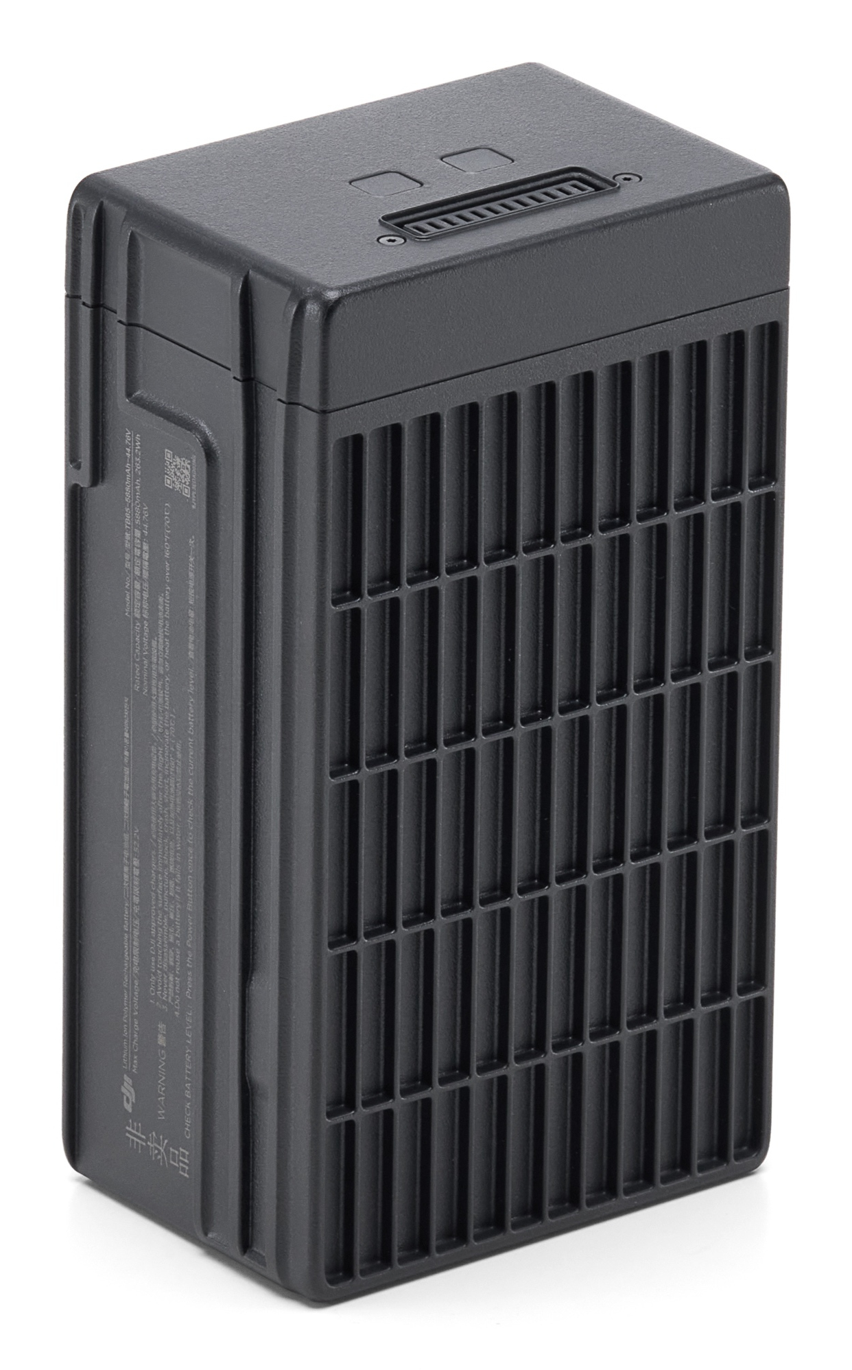 Batteria nera rettangolare con fessure verticali, piccola apertura superiore e testo laterale.