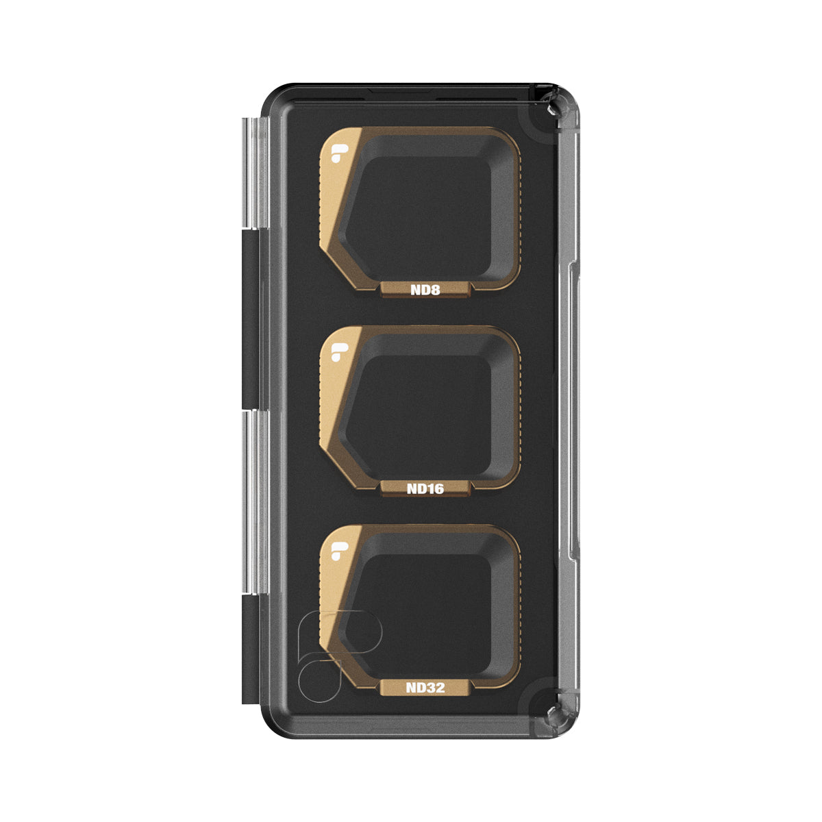 Trzy filtry ND ze złotymi ramkami, oznaczone ND8, ND16 i ND32, umieszczone w czarnym etui.