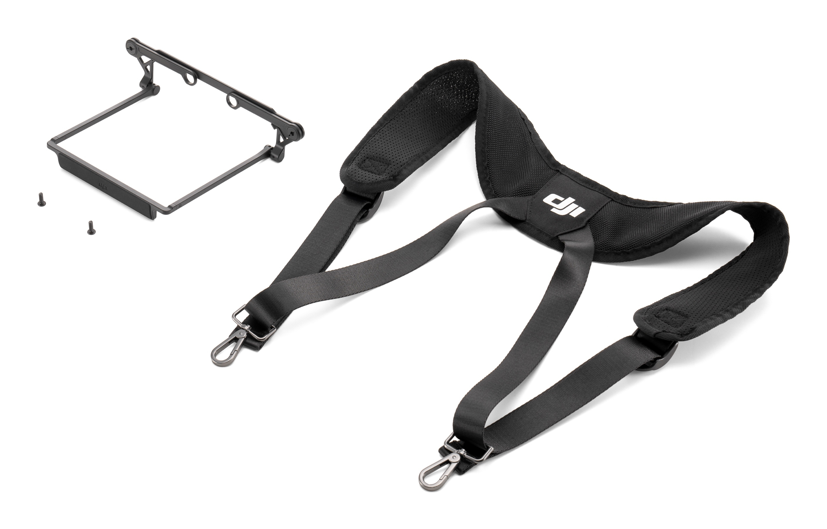 Cinghie per spalle per drone DJI nere e una staffa di montaggio con viti su sfondo bianco.