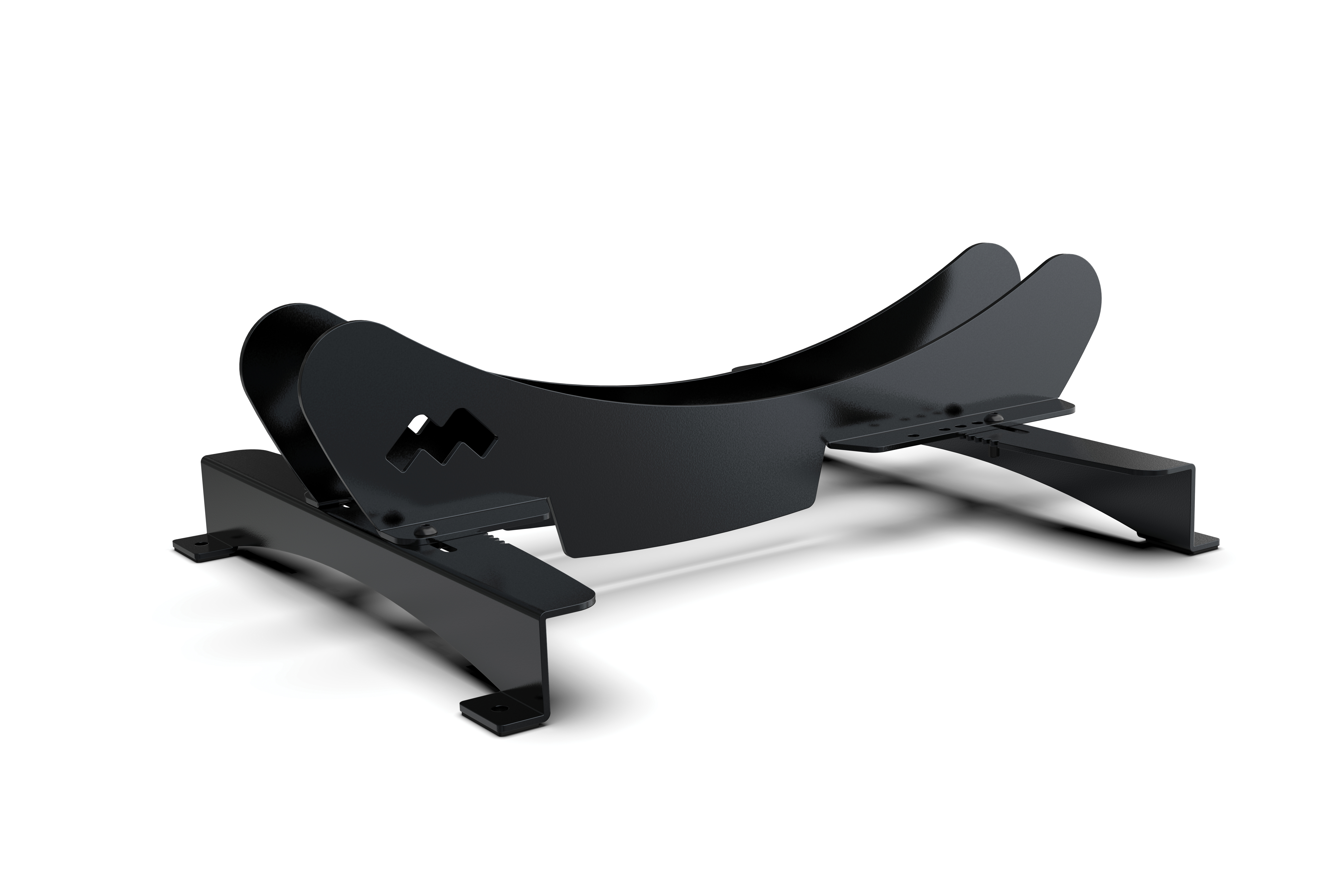 Czarny metalowy stojak na rower o zakrzywionym kształcie, na białym tle, widok z boku.