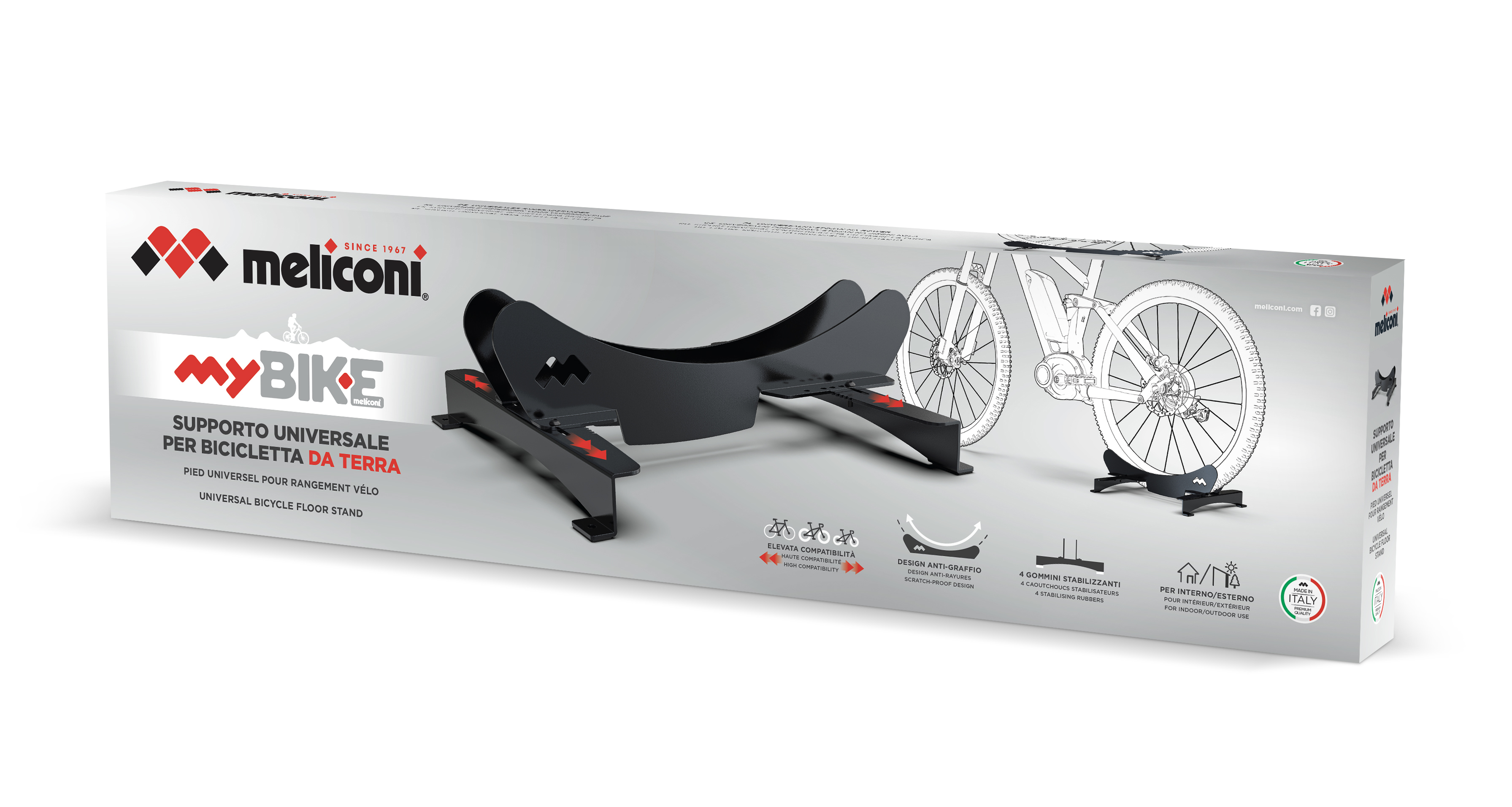 Czarny stojak podłogowy na rower w pudełku, z obrazami roweru na opakowaniu.