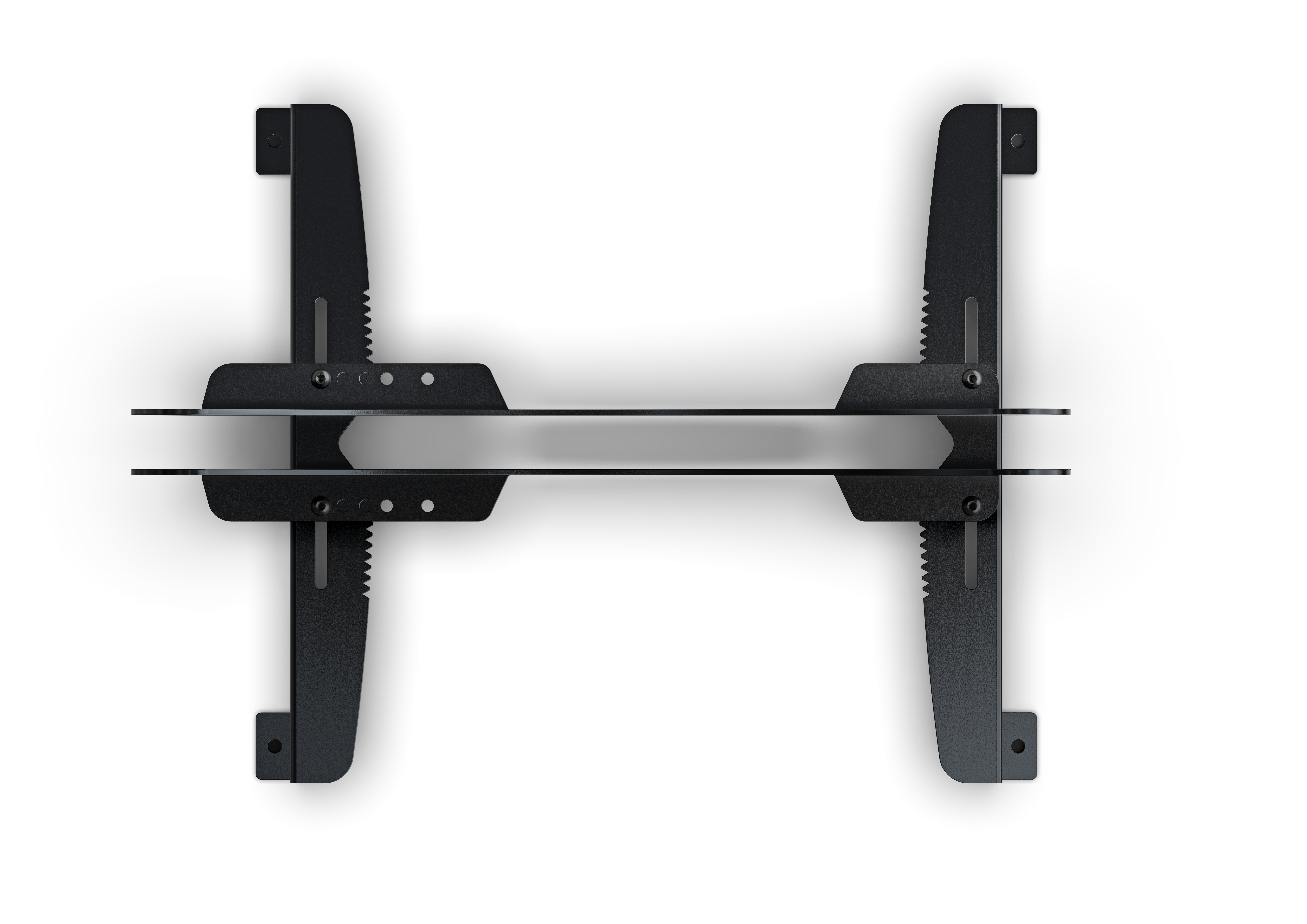 Czarny metalowy wspornik w kształcie litery H do montażu. Poziome pręty do półek. Białe tło.