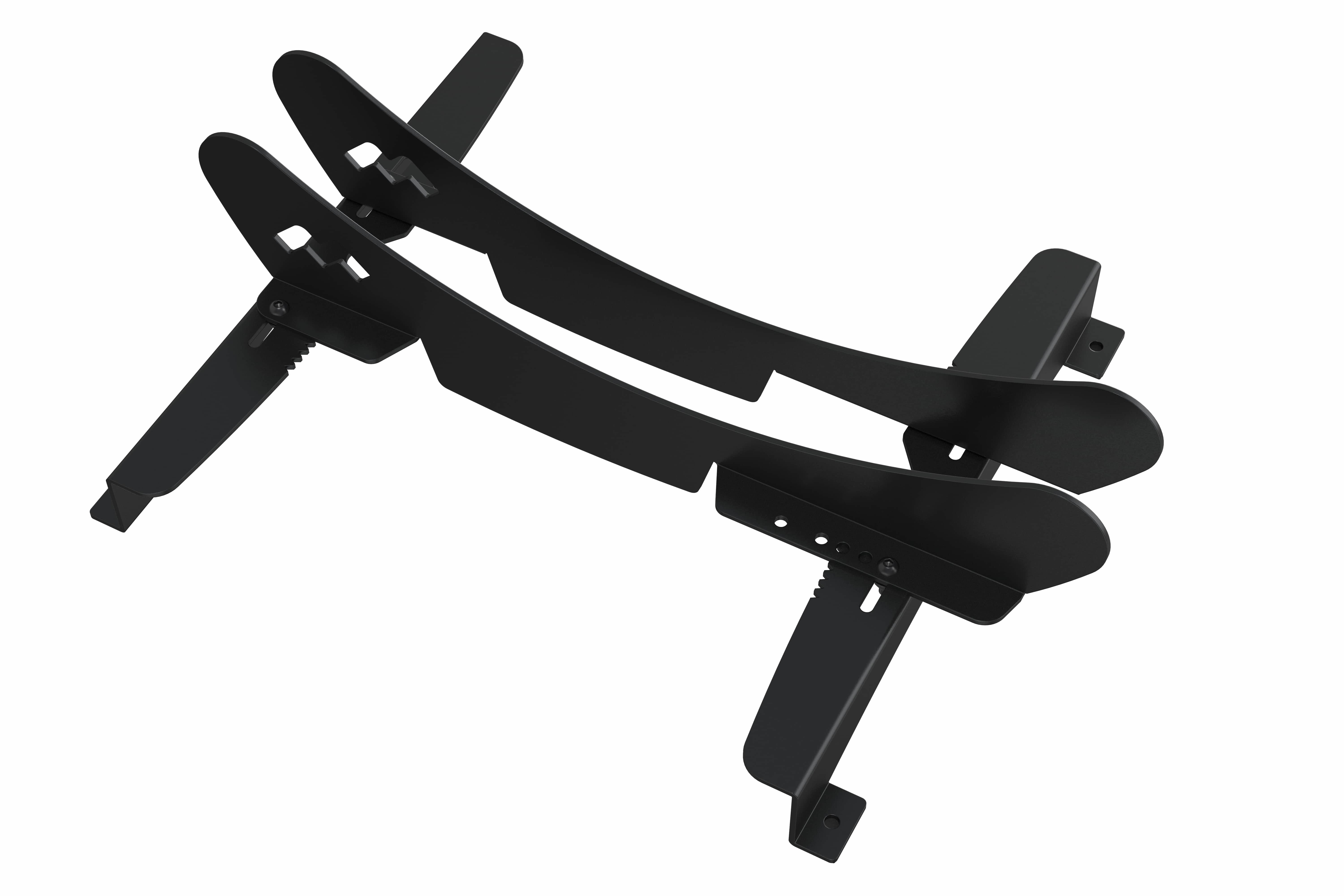 Dwa czarne metalowe podpory, kątowe, do roweru, z białym tłem.