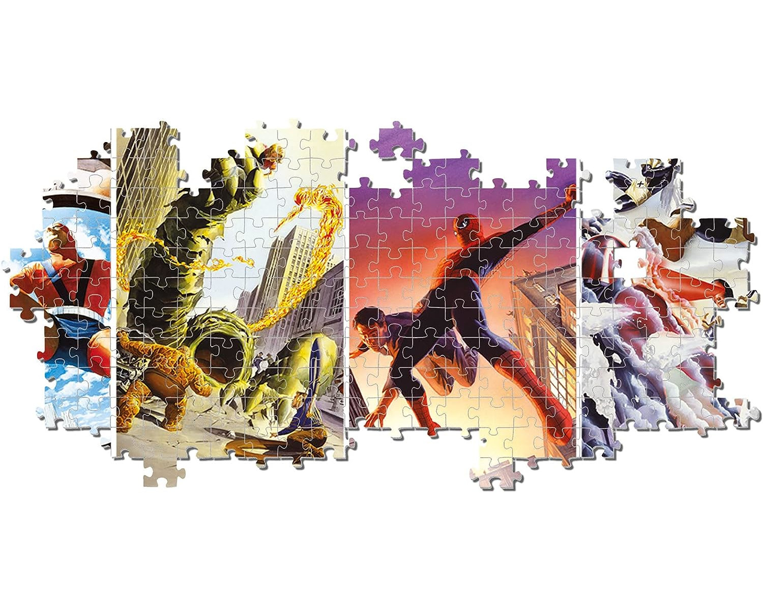 Puzzle z postaciami Marvela: Hulk, Spider-Man i inni. Różne kolory i pozy akcji.
