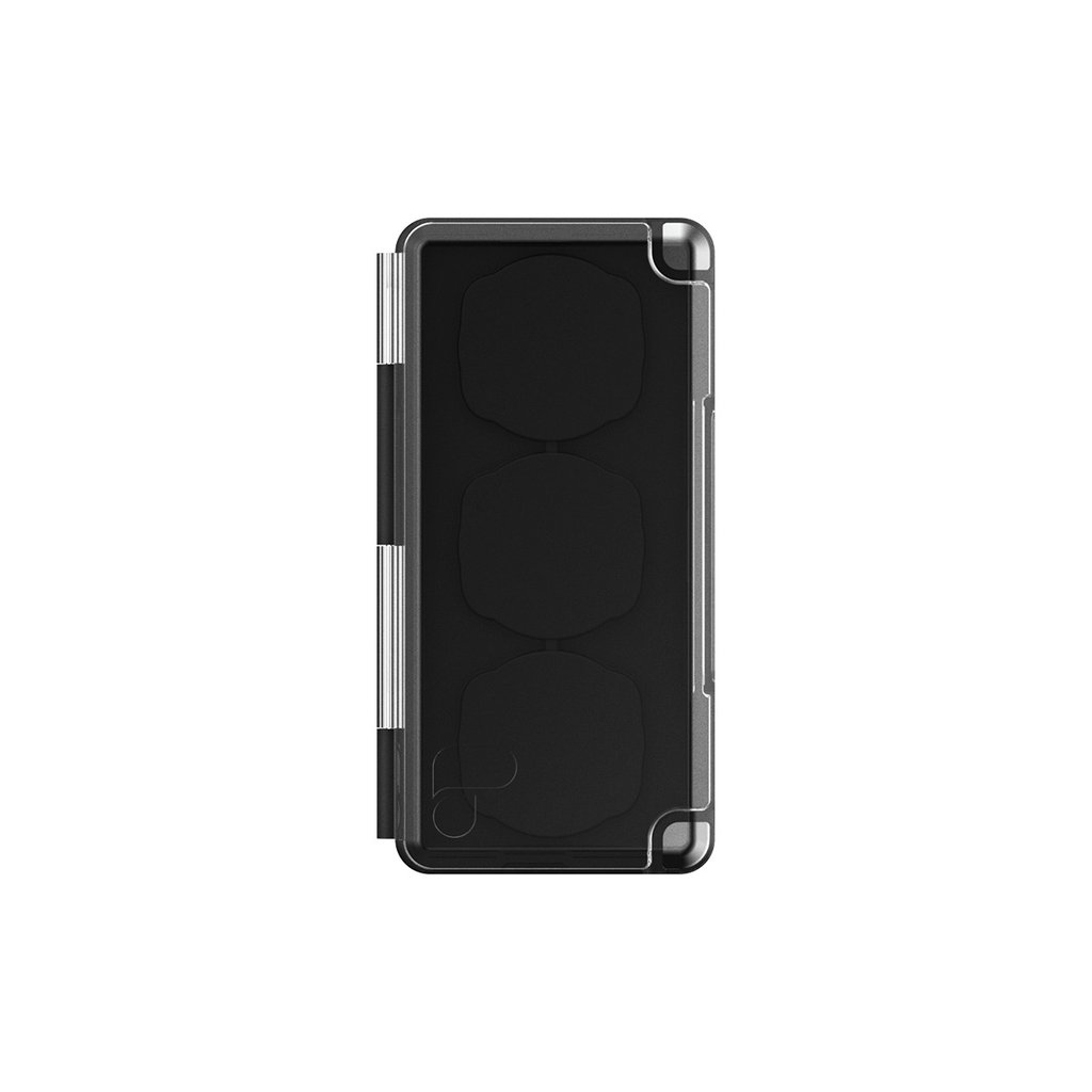 Czarny futerał z 3 czarnymi filtrami w środku. Futerał jest zamknięty.