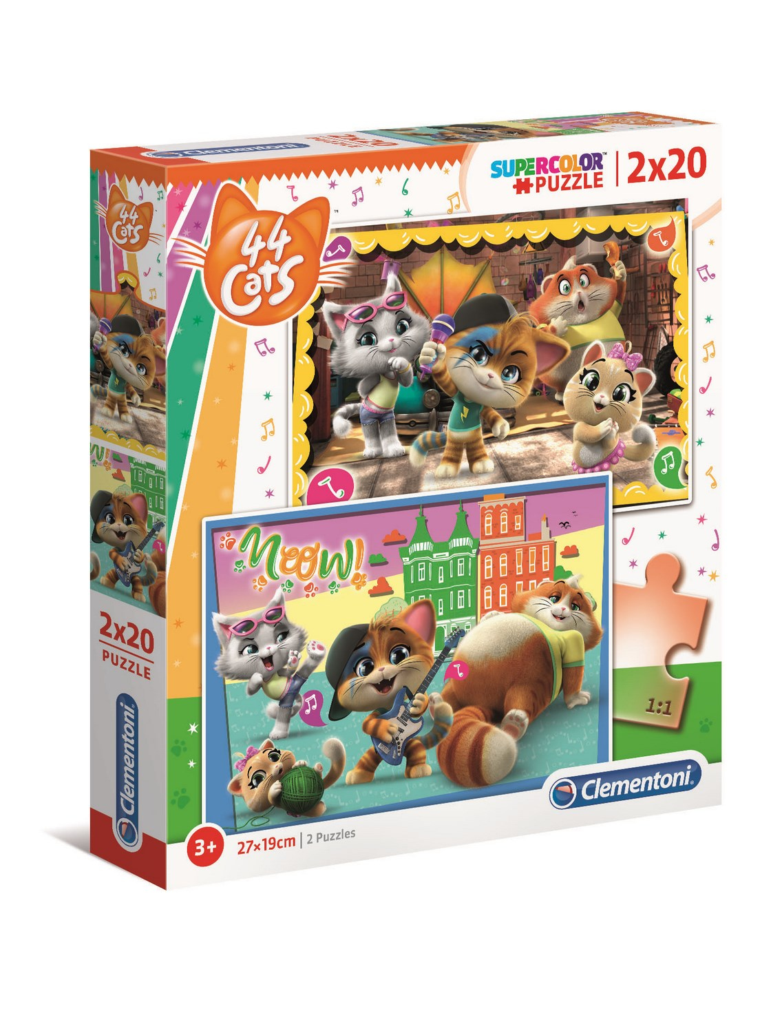 Een puzzeldoos met een cartoonafbeelding van katten die muziekinstrumenten bespelen. 44 Cats.