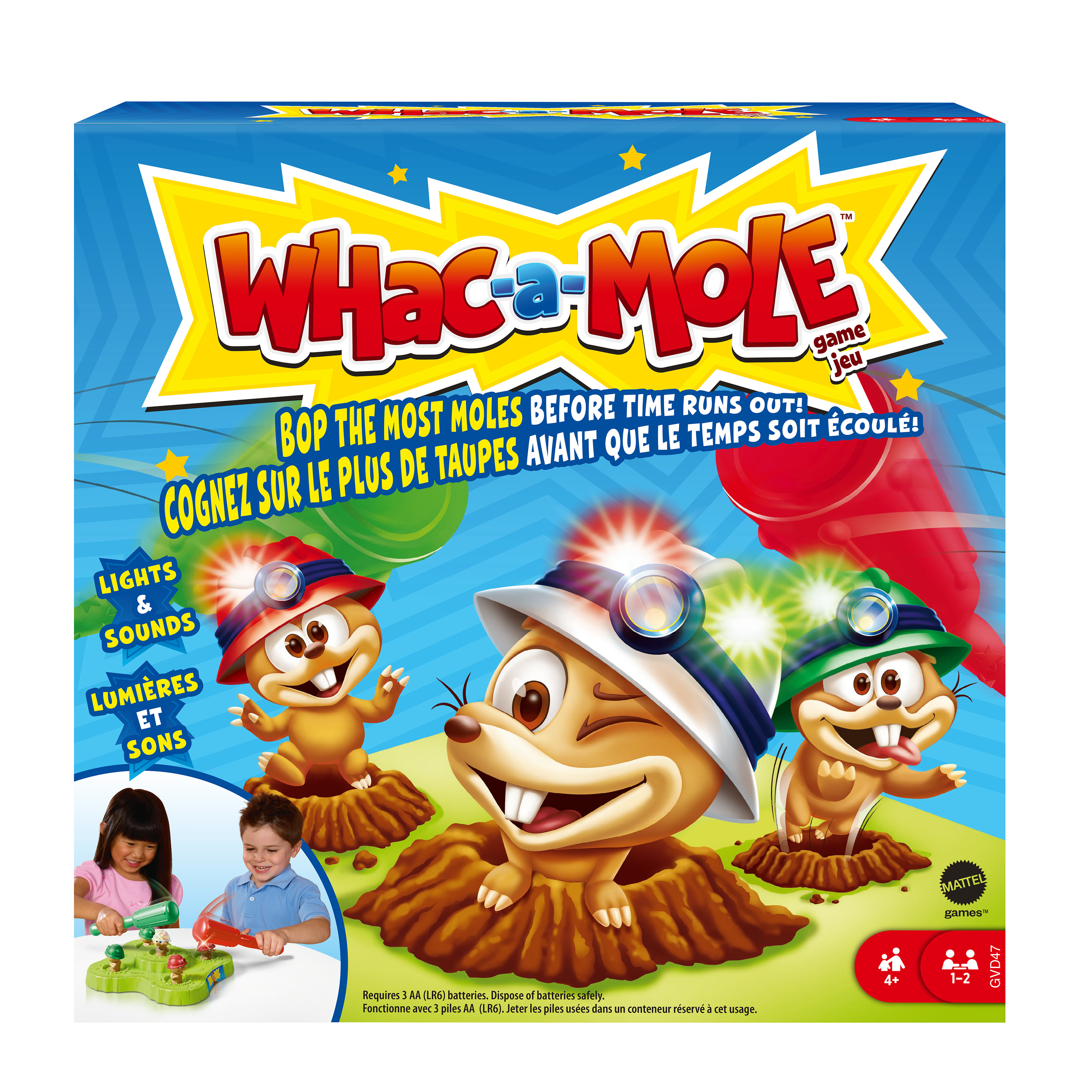 Whac-a-Mole-speldoos. Toont mollen die opduiken en kinderen die het spel spelen. Kleurrijk ontwerp.