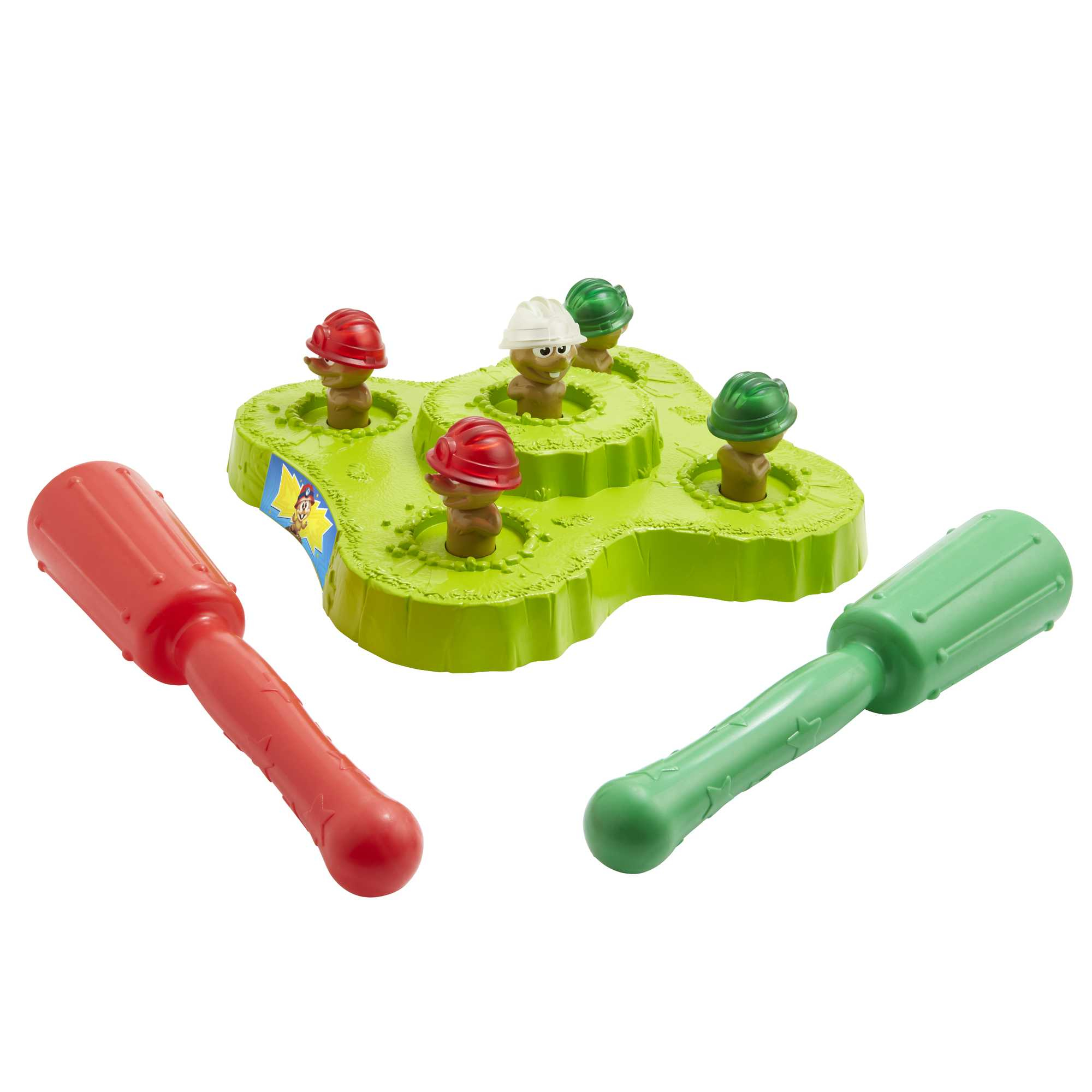 Un gioco con martelli e talpe giocattolo. Martelli rossi e verdi. Talpe verdi e rosse.