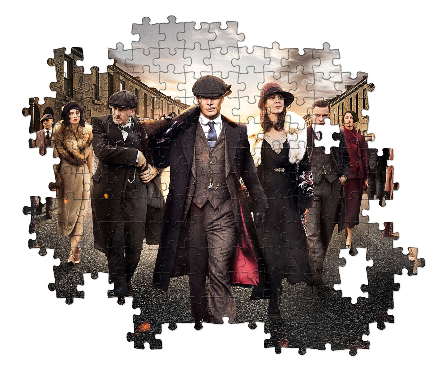 Puzzle z sceną Peaky Blinders, z postaciami, na białym tle.