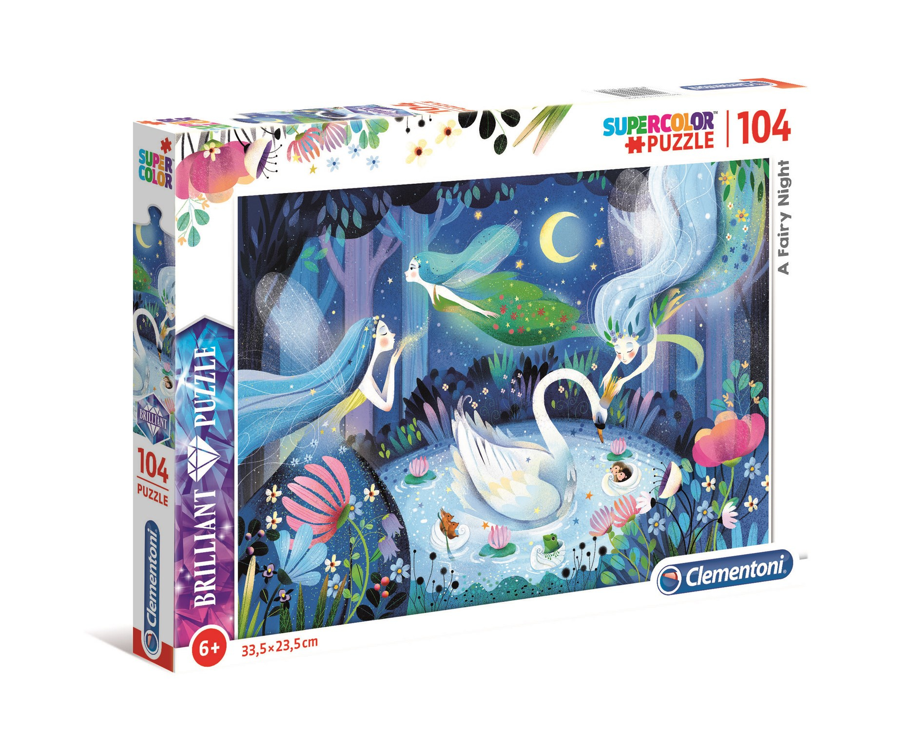 Boîte de puzzle avec des fées de dessins animés, un cygne et une scène.