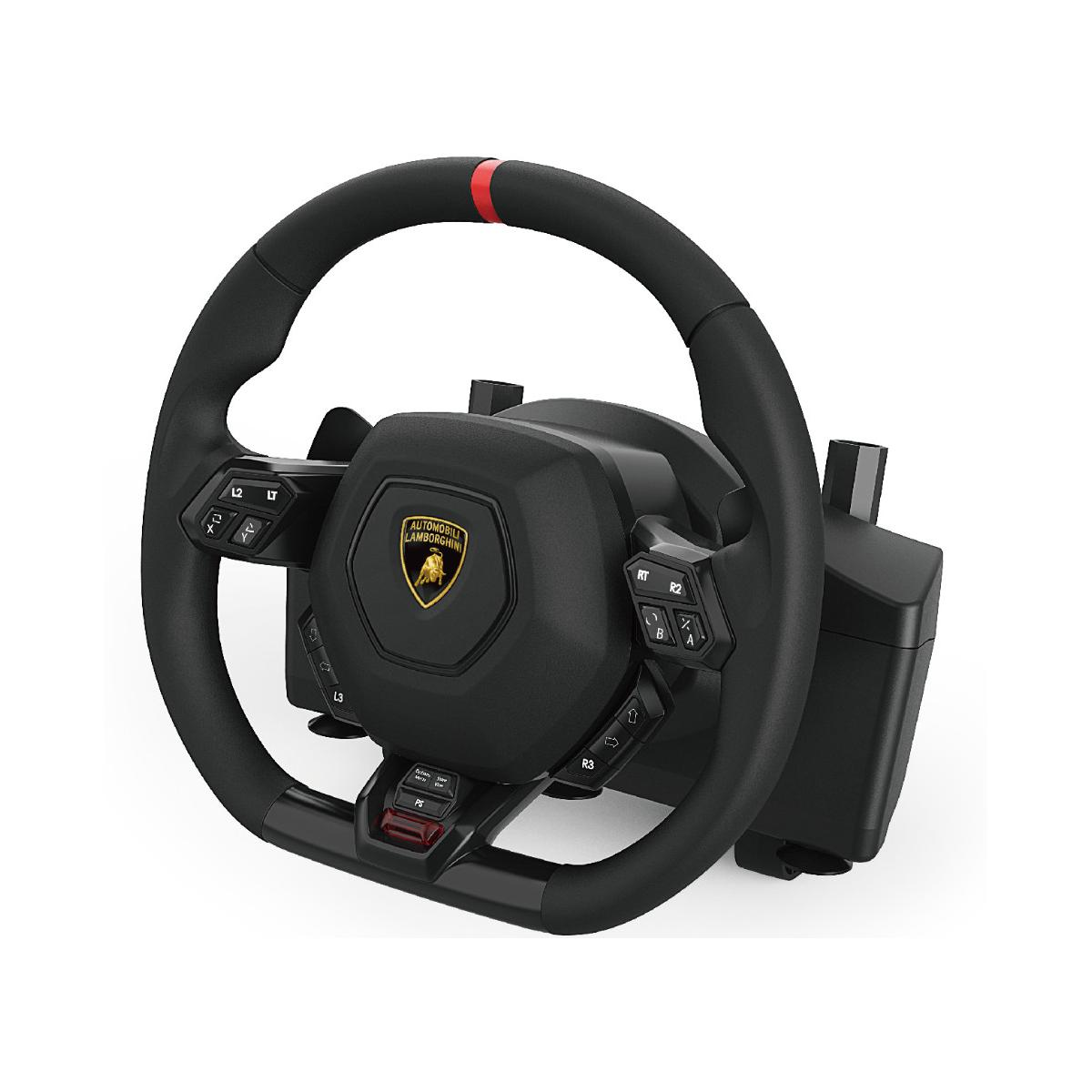Volante Lamborghini nero con pulsanti. Sfondo bianco.