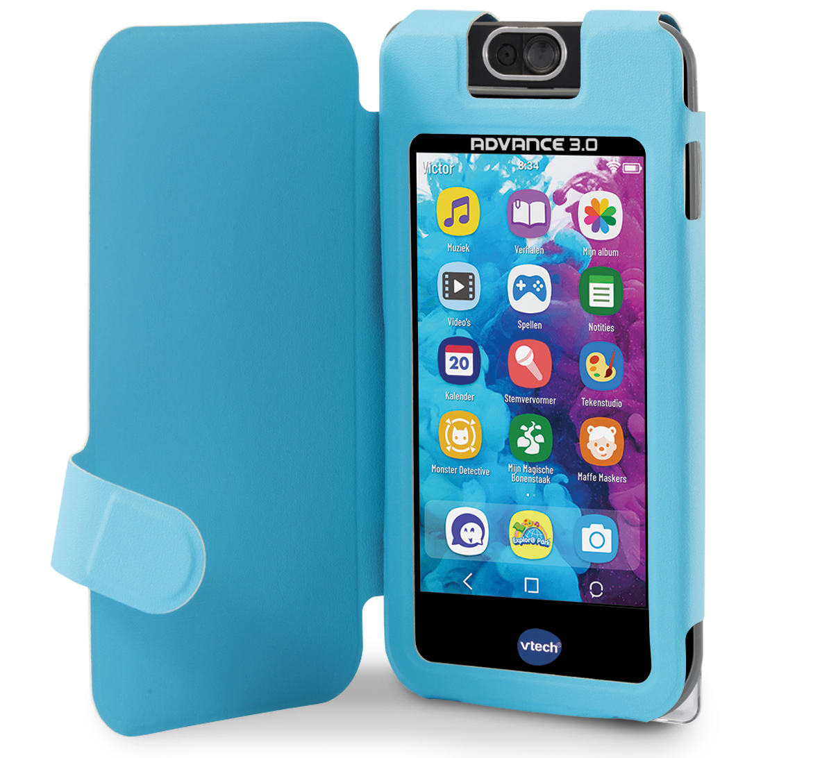 Niebieskie etui na telefon z ekranem pokazującym telefon z ikonami, otwarte.