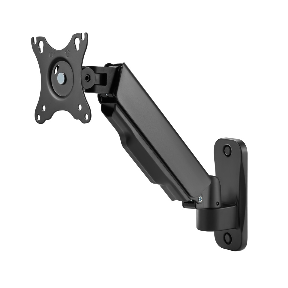 Black monitor arm mounted on a wall. White background.