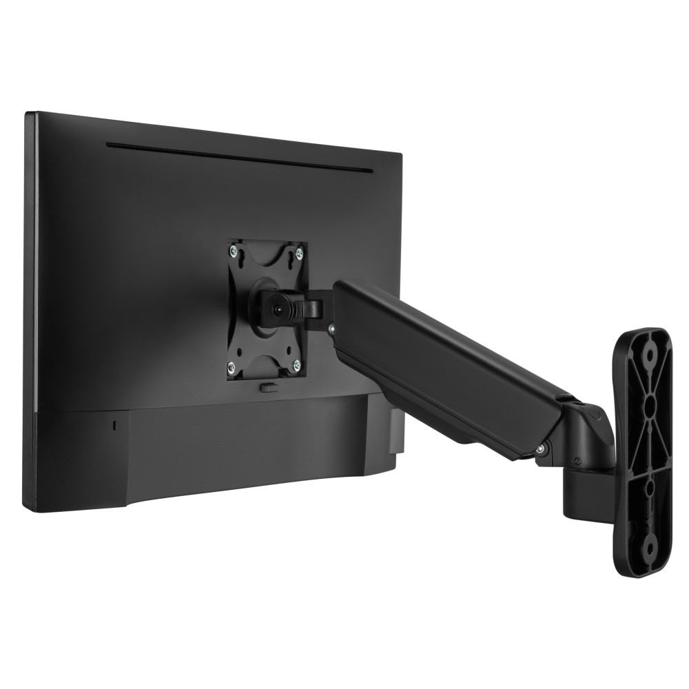 Black monitor with a monitor arm mounted on a wall. White background.