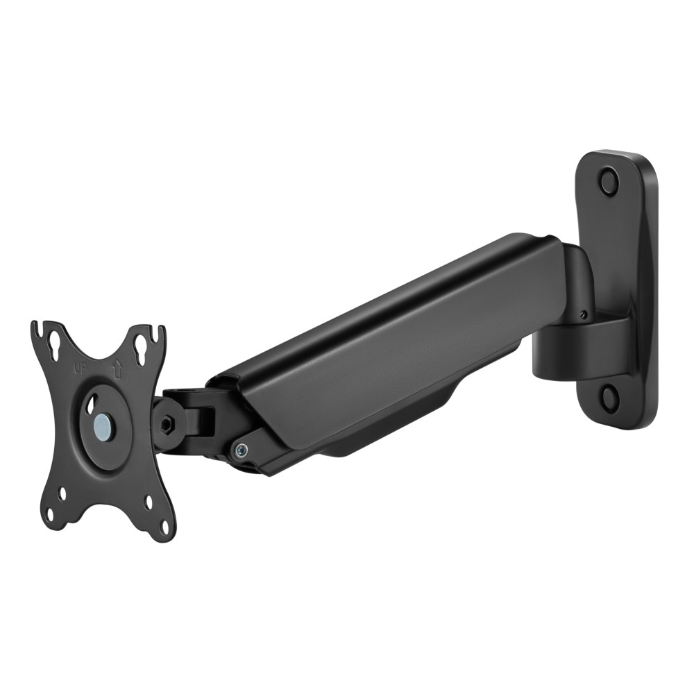 Black monitor arm mounted on a wall, with a bracket for the monitor.