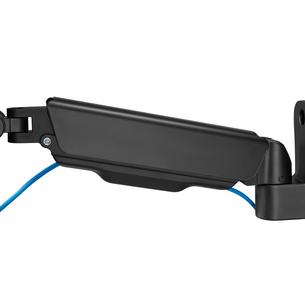 Black monitor arm, with a blue cable visible. The arm is extended horizontally.