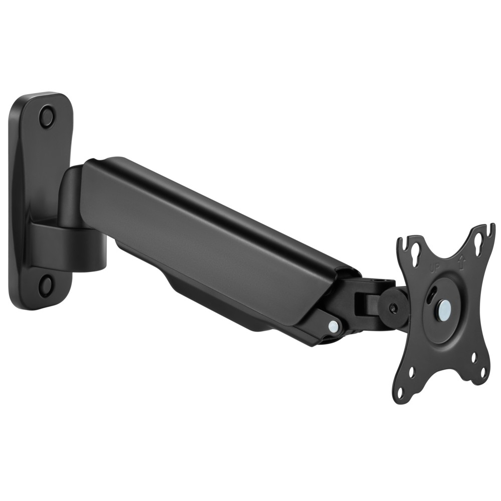 Black monitor arm mounted on a wall, with a bracket for the monitor.