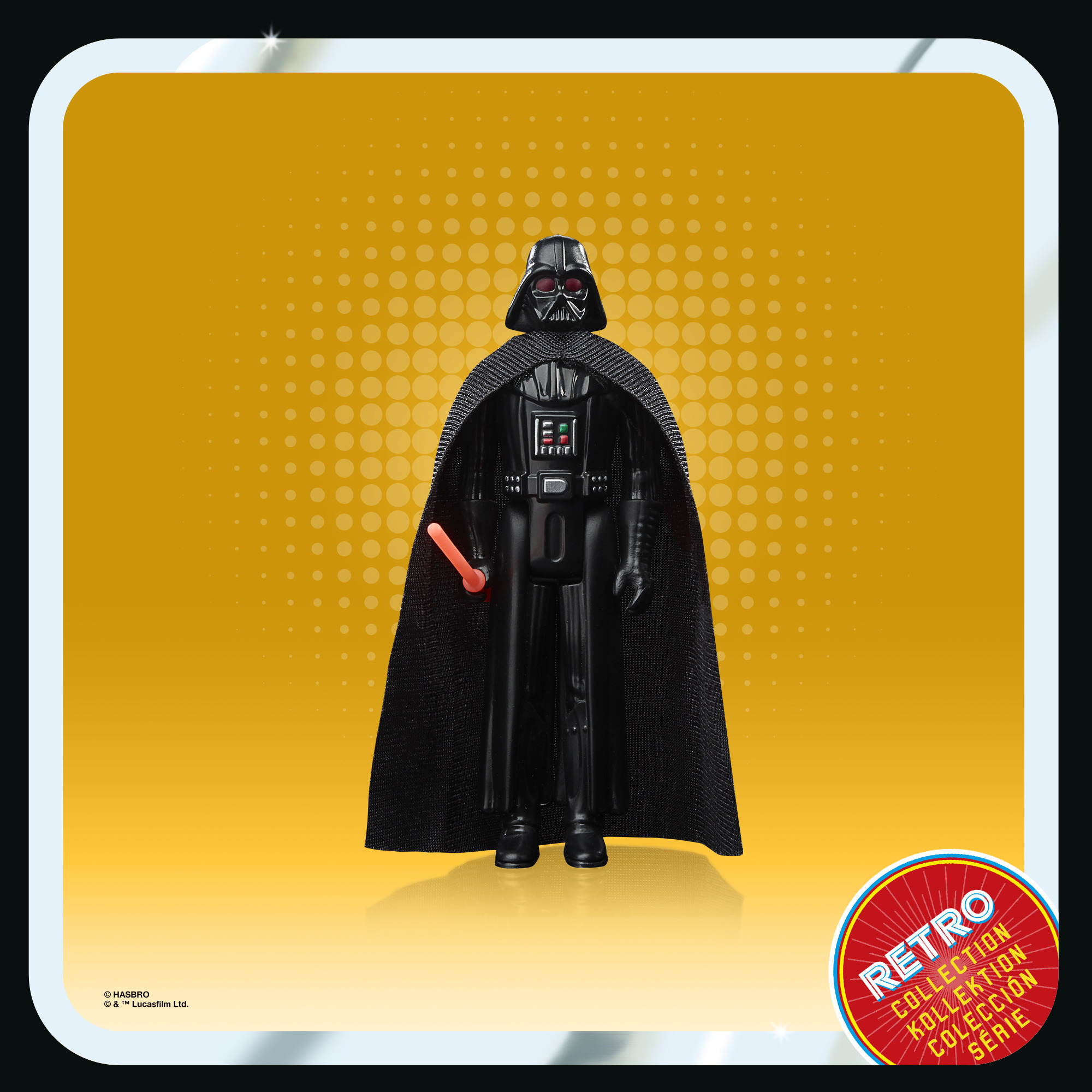 Action figure di Darth Vader della Retro Collection. Indossa un mantello nero e una spada laser rossa.