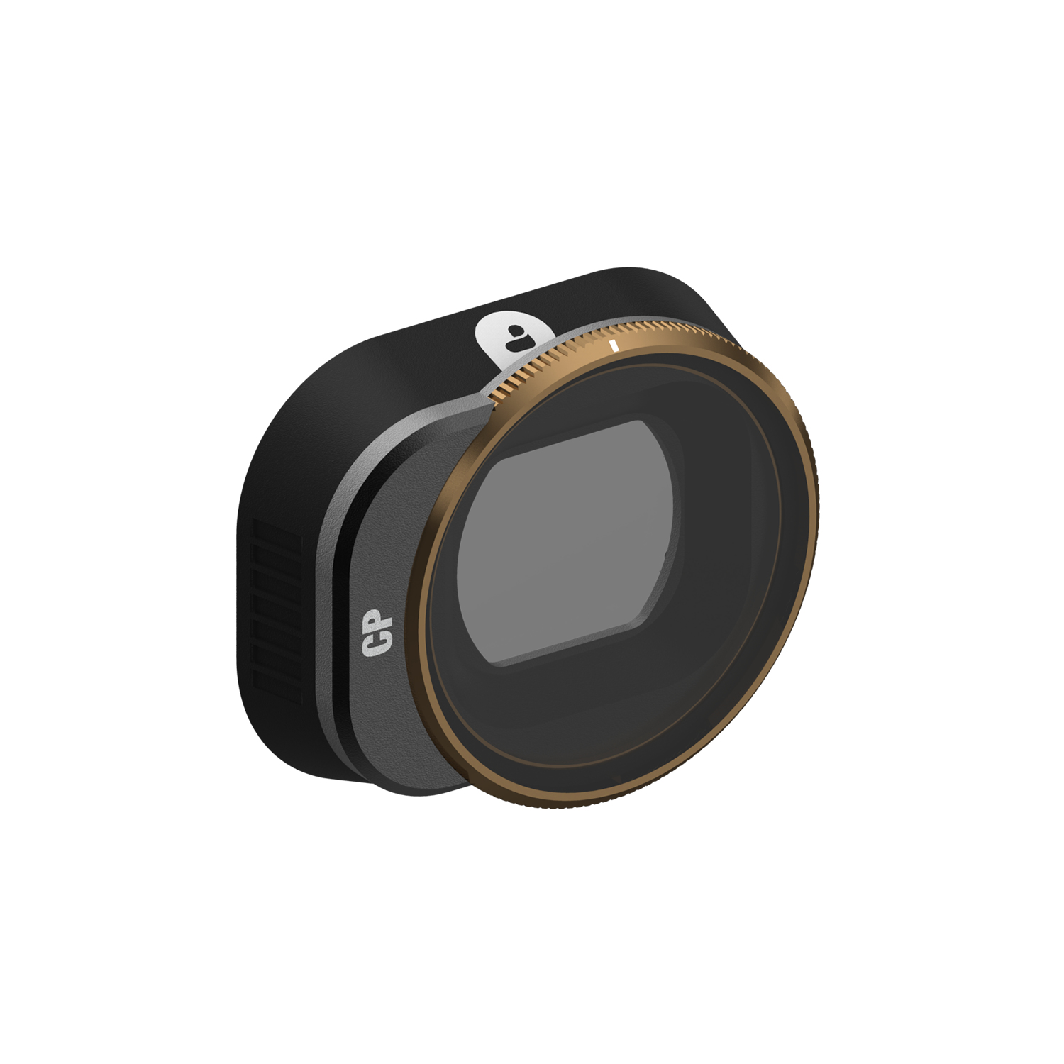 Czarny i złoty filtr obiektywu CP jest pokazany na białym tle.