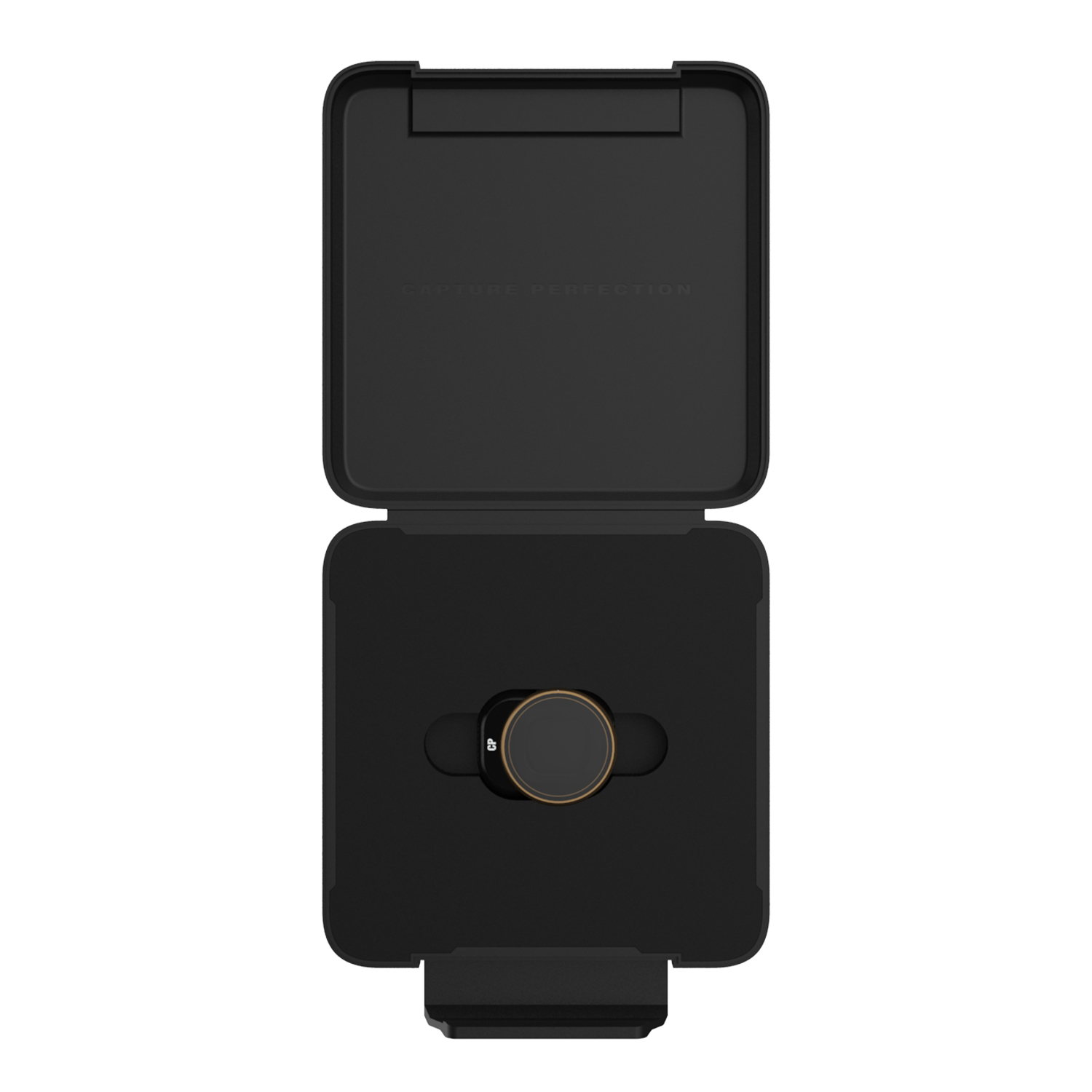 Otwarta czarna obudowa, odsłaniająca obiektyw ze złotą obwódką. Obudowa ma napis "CAPTURE PERFECTION".