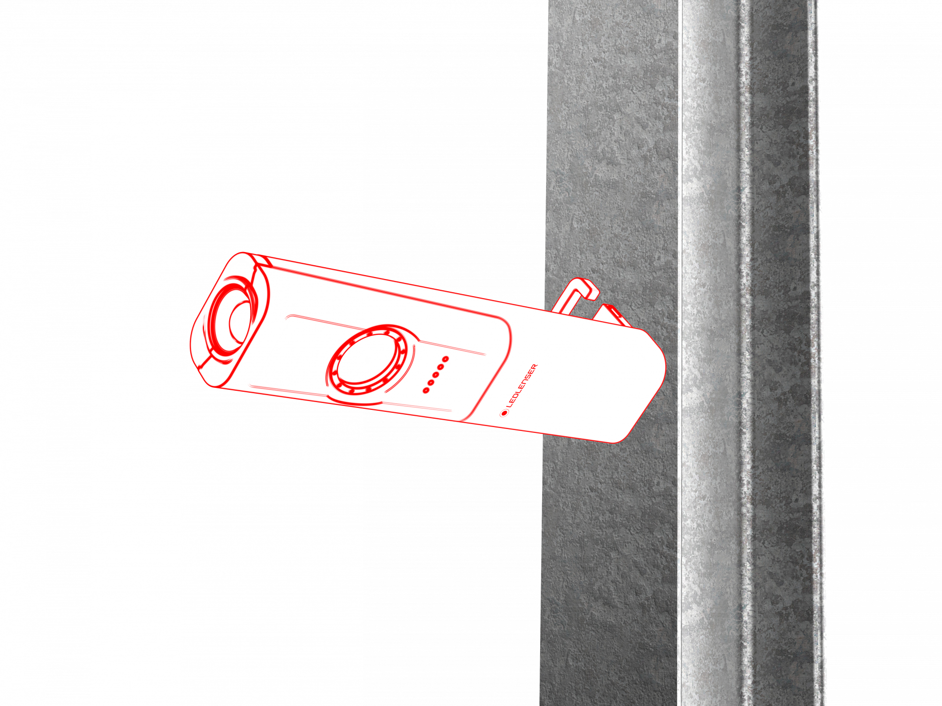 Czerwony kontur urządzenia przymocowanego do metalowej belki, na białym tle.