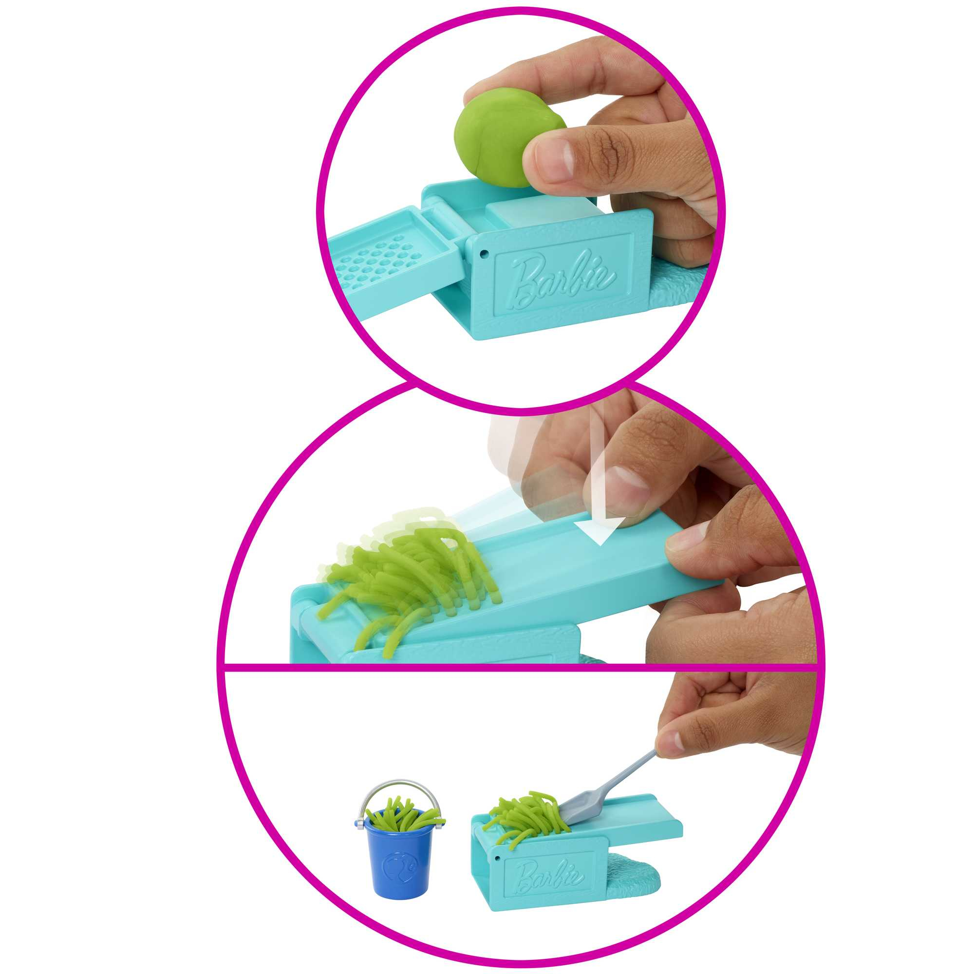 Zabawka Barbie. Tarka ściera zieloną plastelinę. Obok wiadro i łyżka.