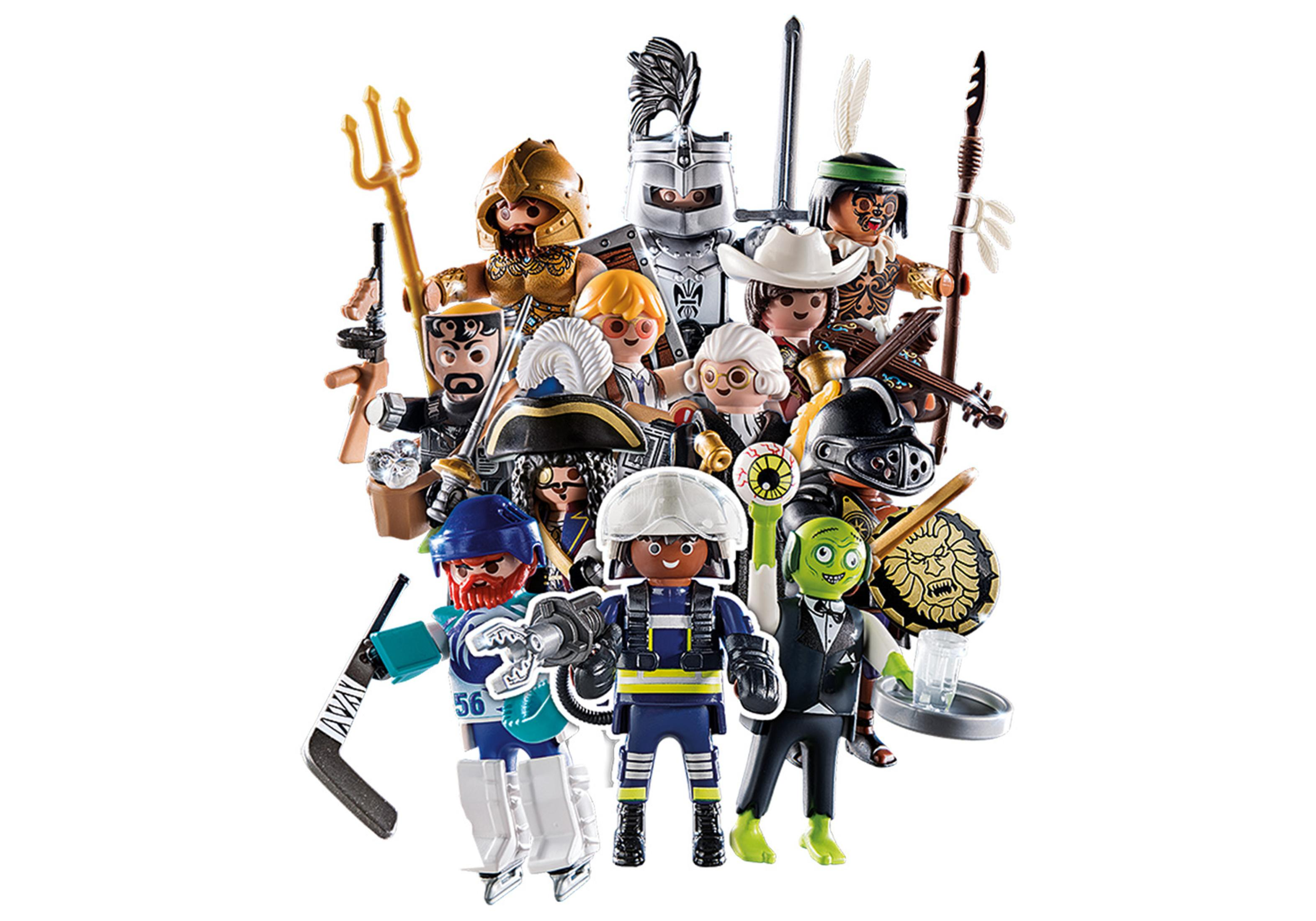 Una collezione di personaggi Playmobil, tra cui cavalieri, cowboy e altri personaggi.