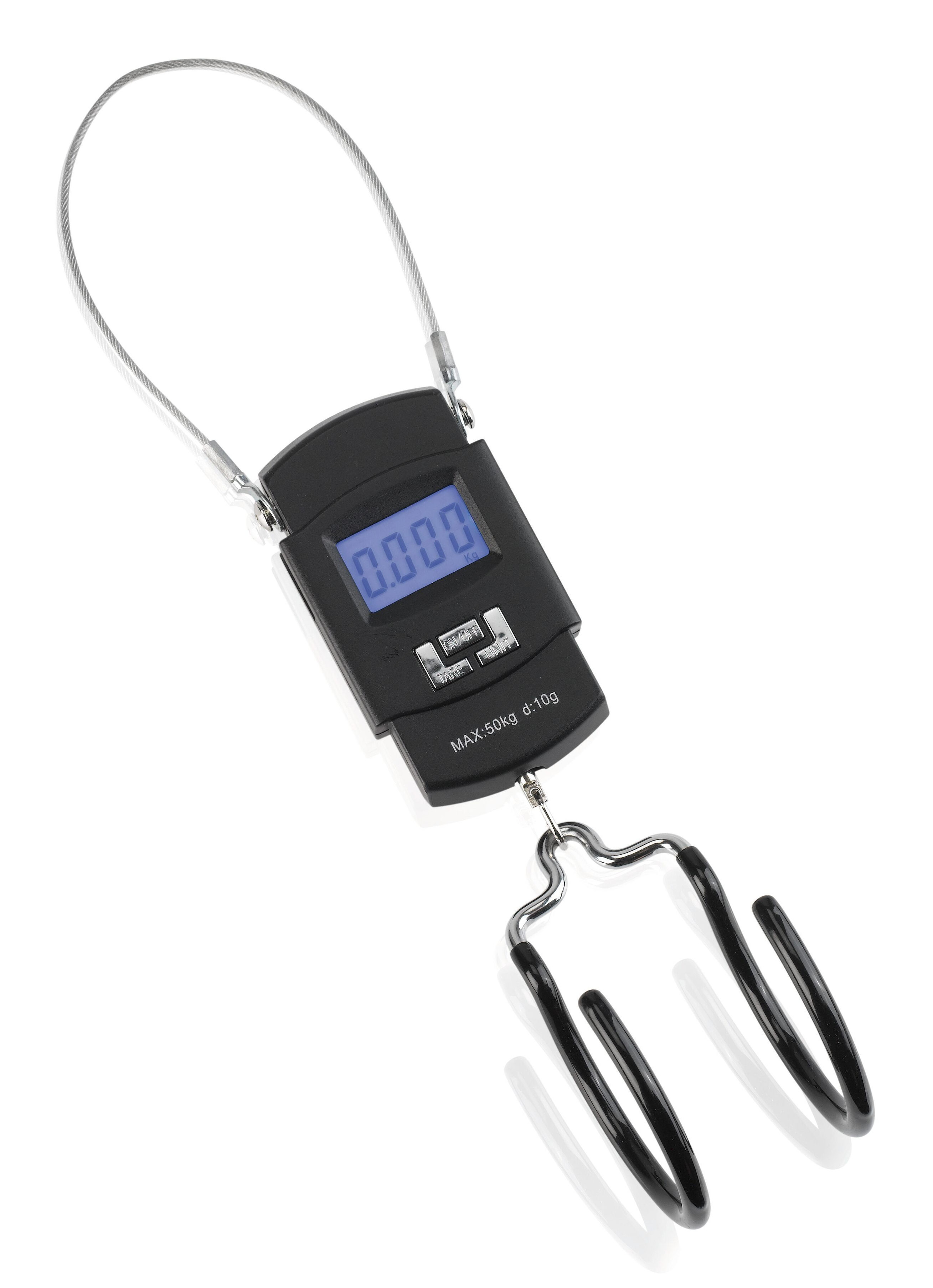 Czarna cyfrowa waga bagażowa z uchwytem i hakiem. Wyświetla 0,000 na ekranie.