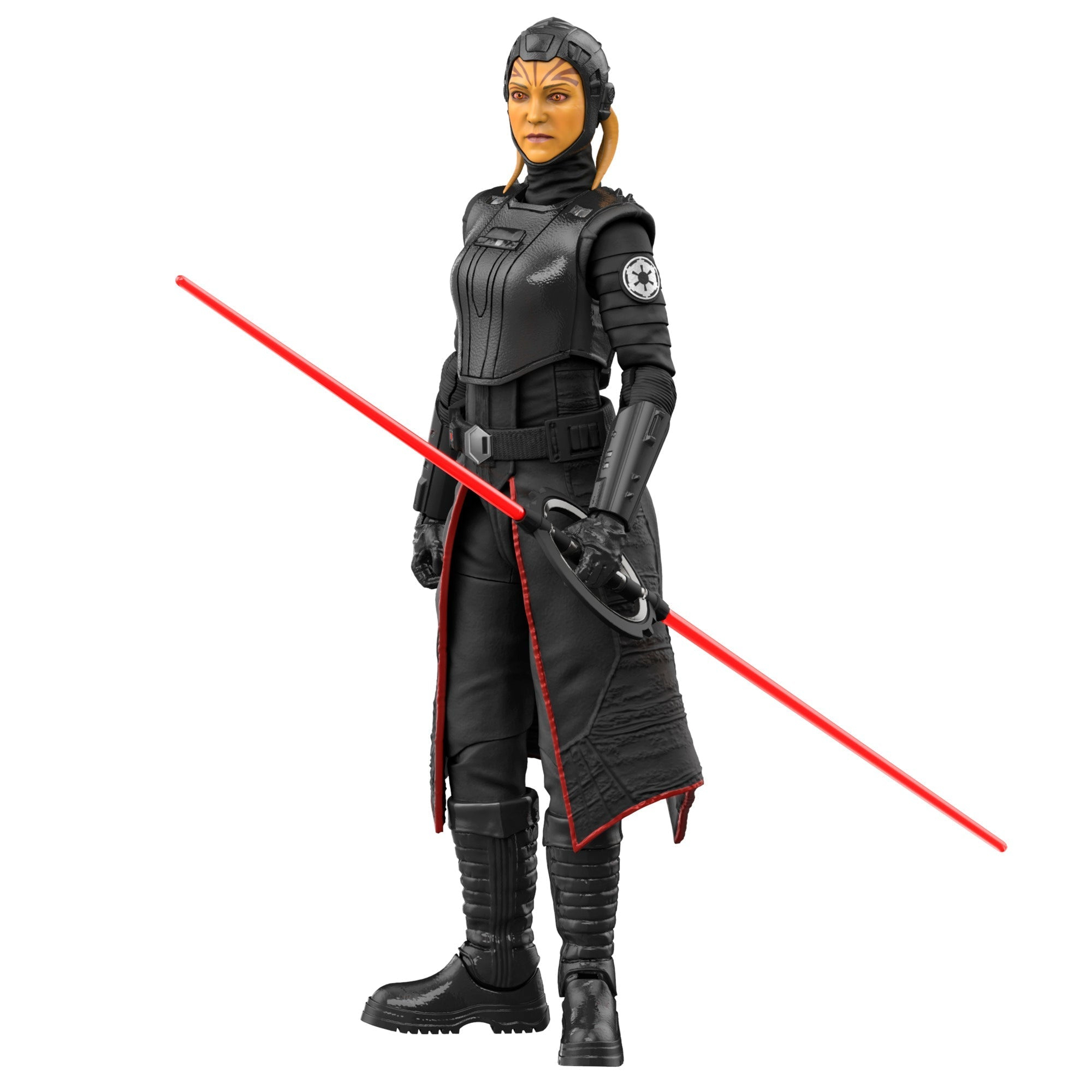 Action figure femminile con una spada laser rossa. Indossa un completo nero con un casco unico.