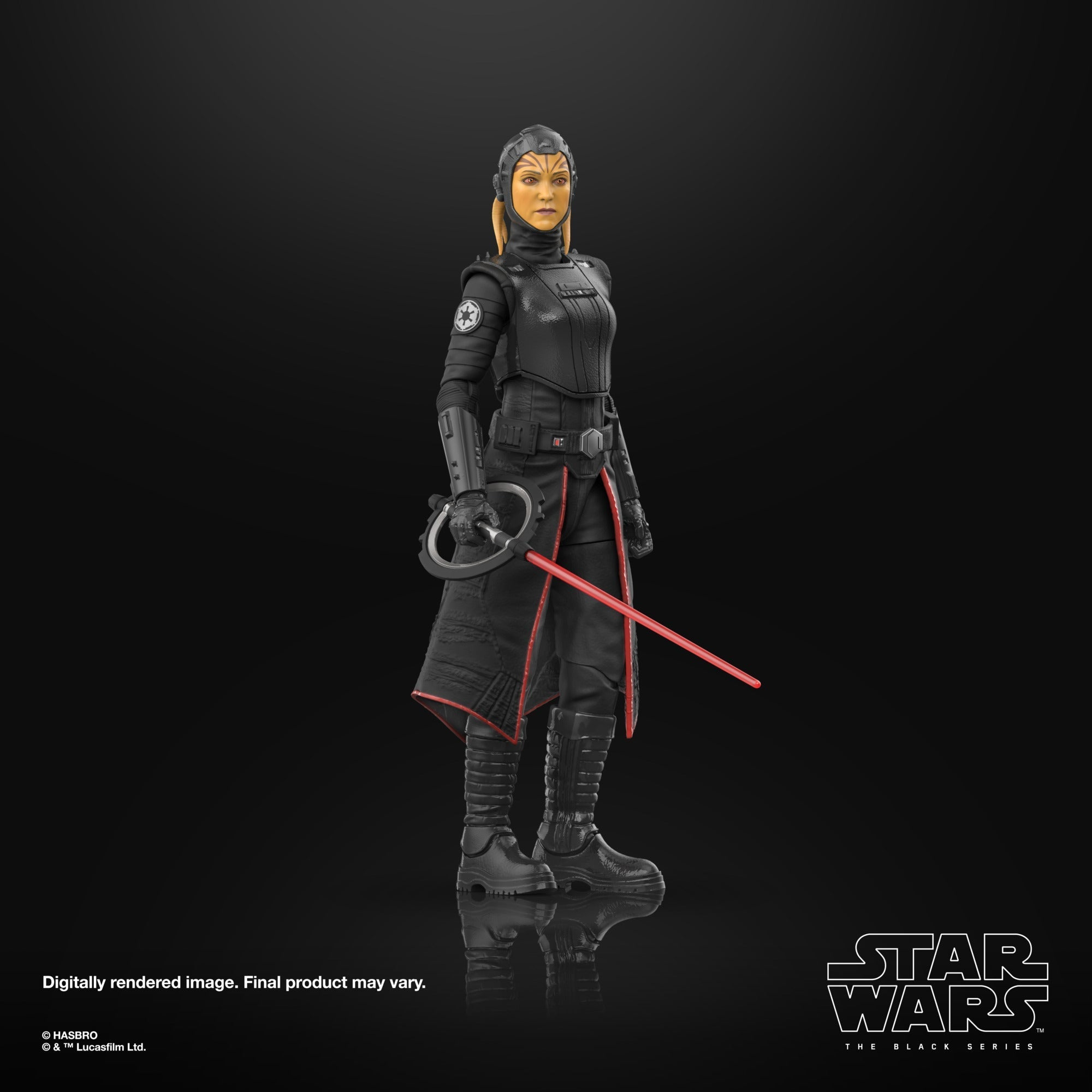 Action figure femminile di Star Wars in tenuta nera. Tiene una spada laser rossa e ha la faccia gialla.