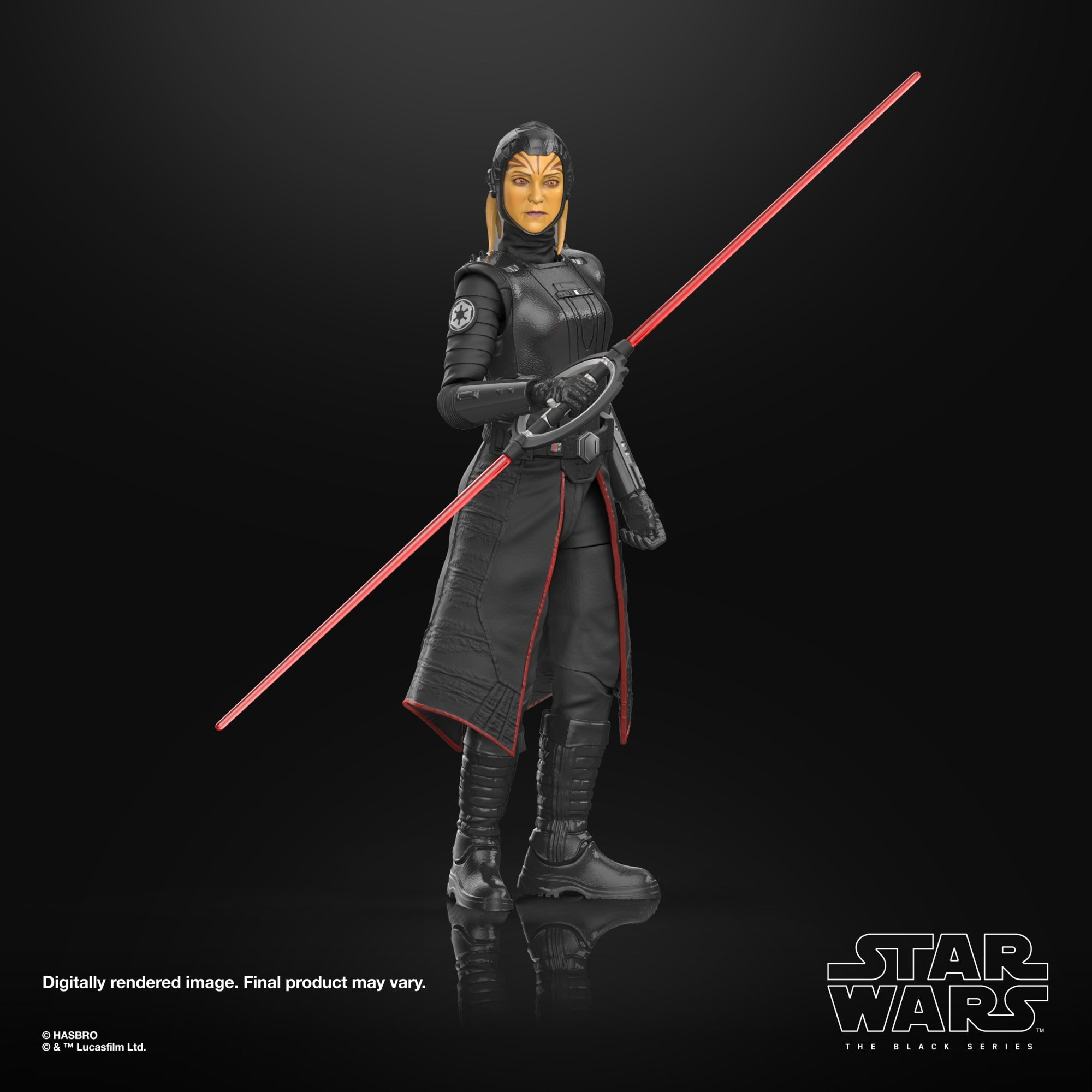 Action figure di Inquisitor (Quarta Sorella) con una spada laser rossa. Sfondo nero.