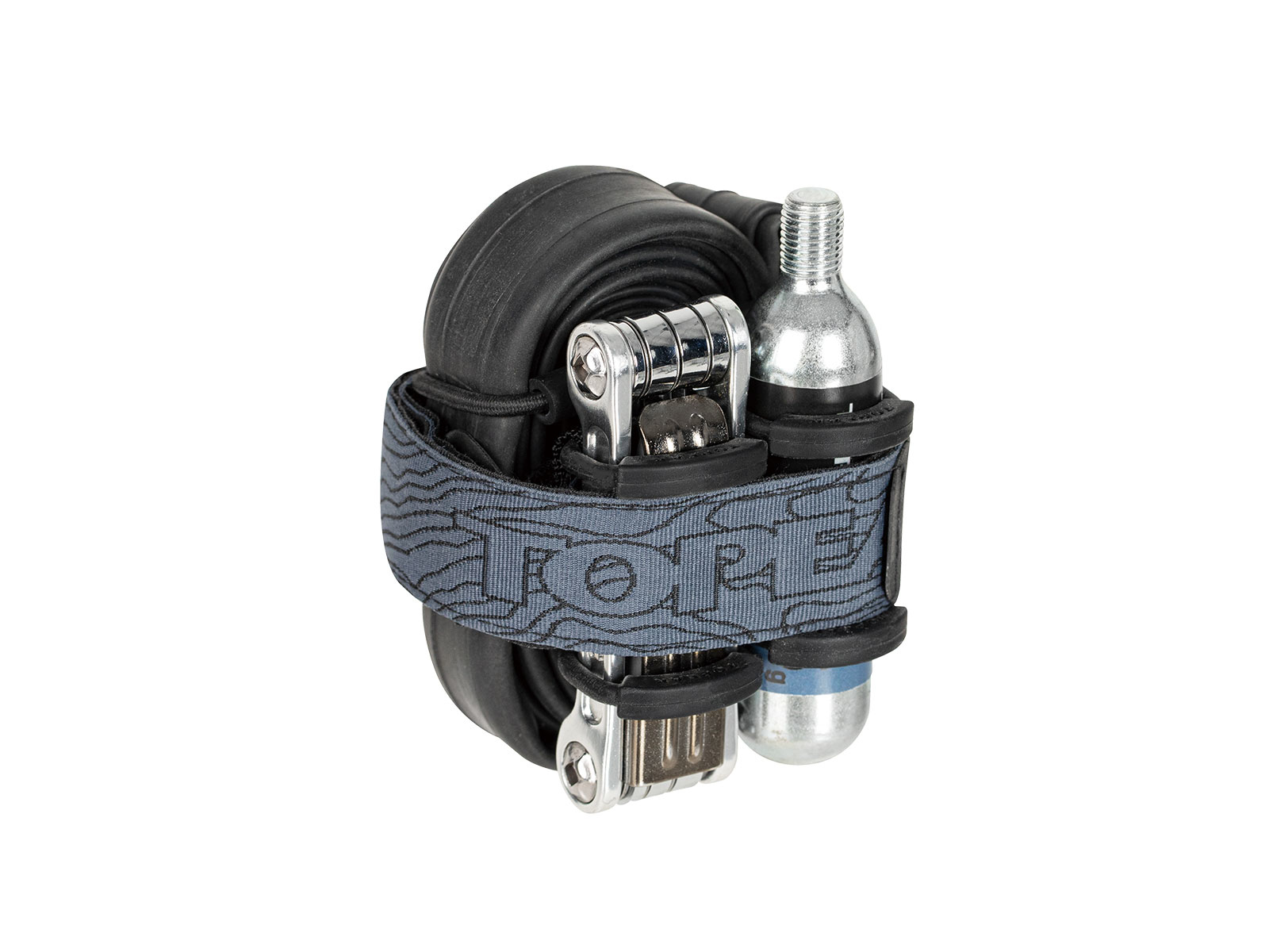 Czarno-szary zwinięty zestaw narzędzi rowerowych z narzędziami i pojemnikami.