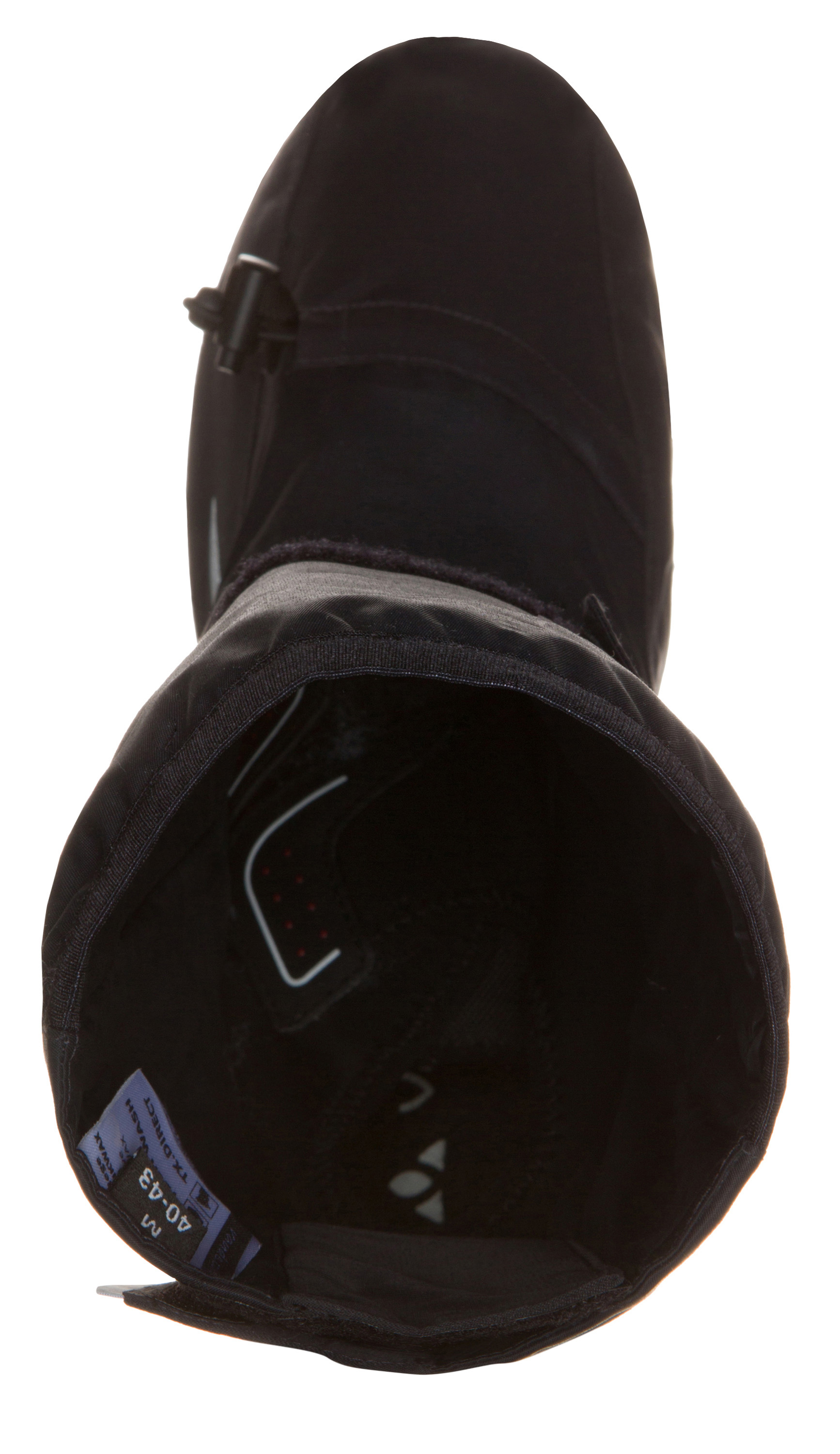 Czarna rękawica, widok z góry, z białą etykietą.