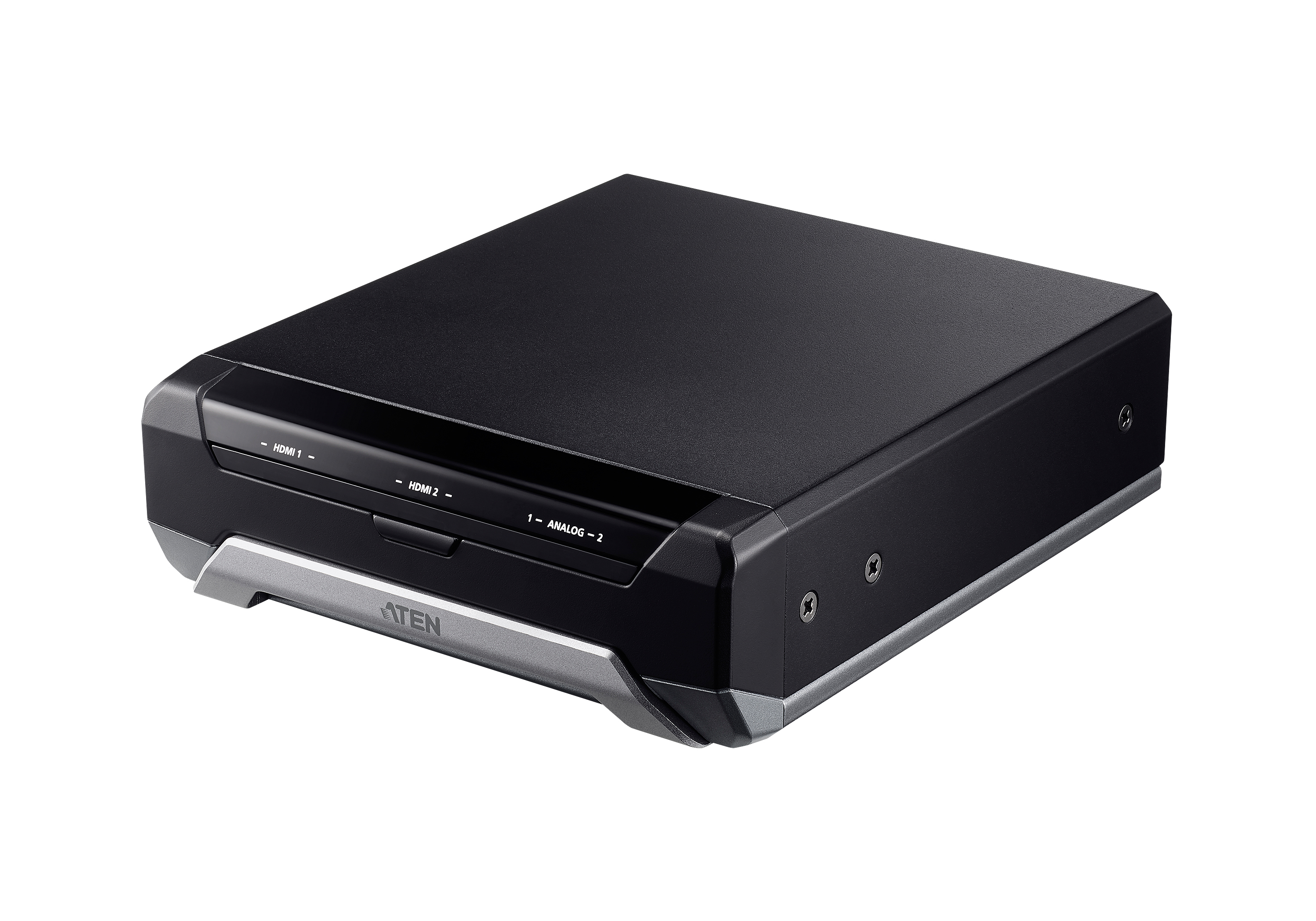 Ein schwarzes elektronisches Gerät mit der Marke ATEN. Es hat HDMI- und Analog-Anschlüsse.