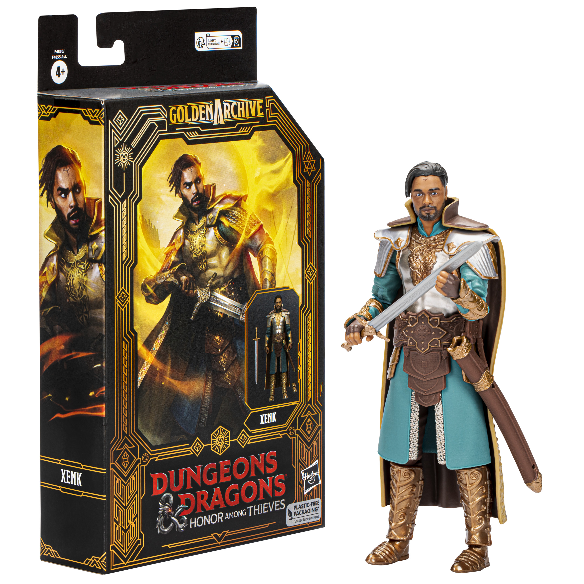 Dungeons & Dragons Actionfigur in einer Box. Ein Mann mit Schwert rechts und eine Box mit Kunst.