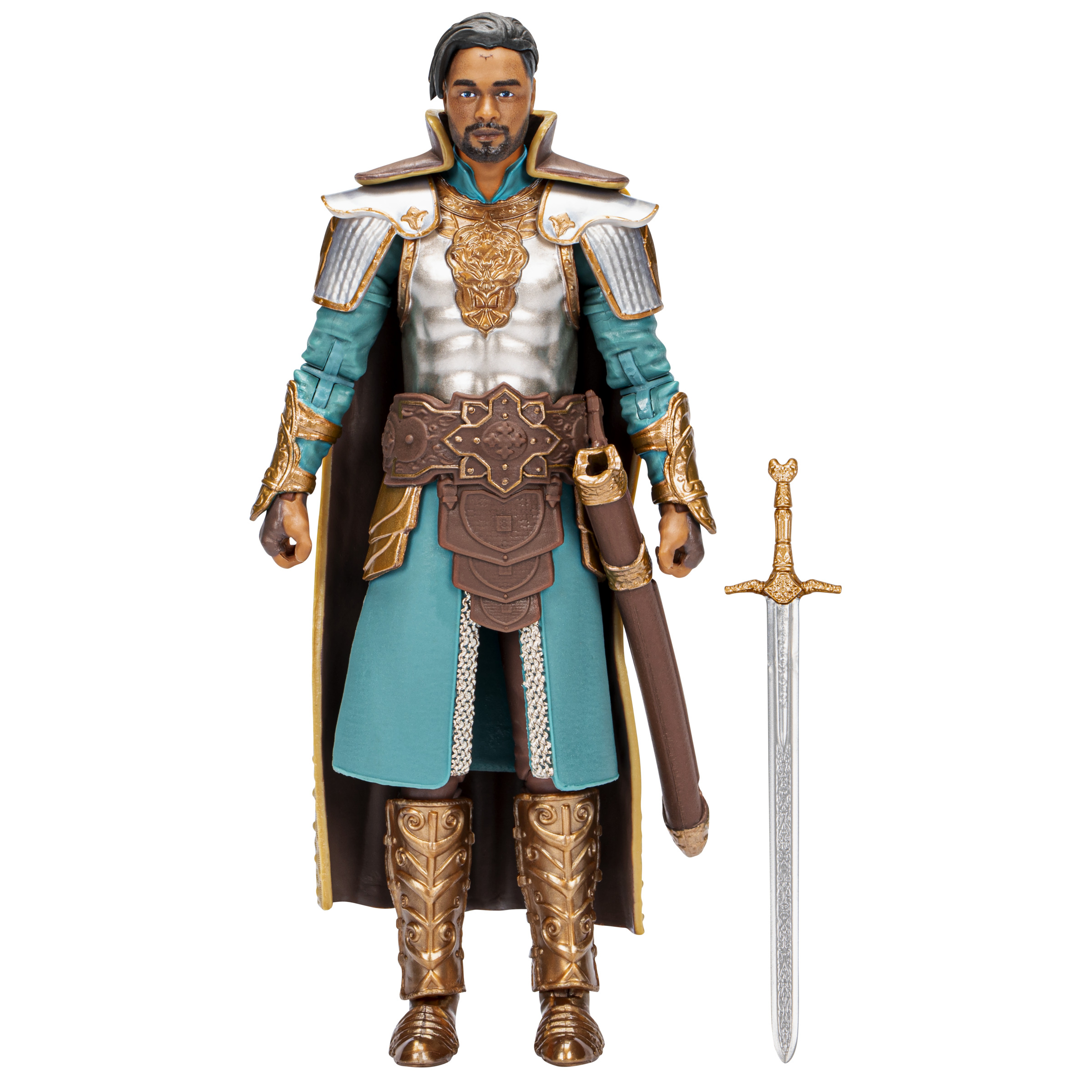 Eine Actionfigur eines Mannes in Rüstung, der ein Schwert hält. Eine braune Scheide ist da.