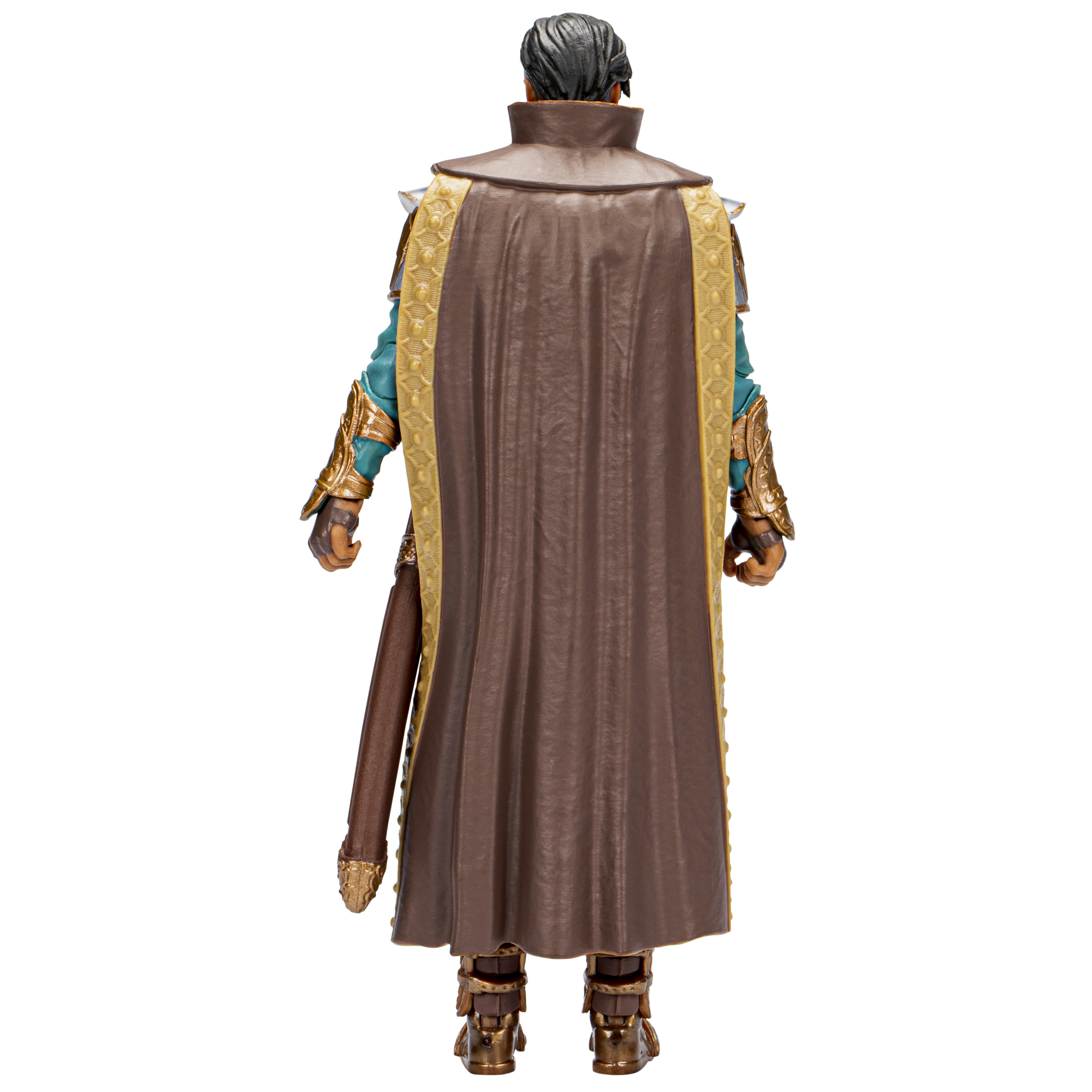 Actionfigur einer Figur von hinten, trägt einen braunen Umhang, Schwert und Rüstung.