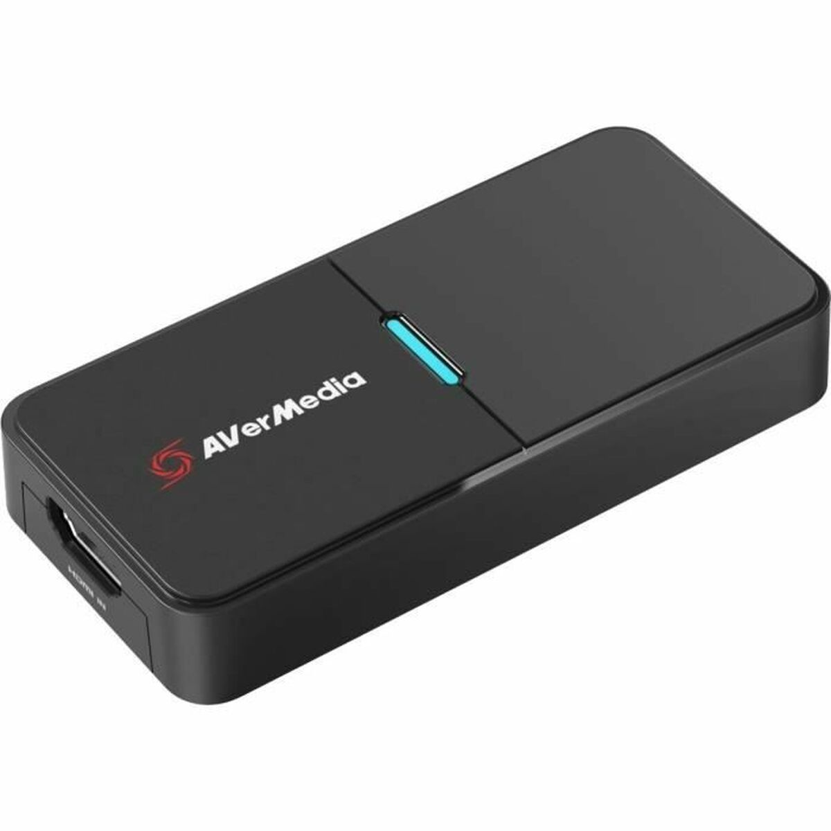 Een zwart AverMedia-apparaat met een blauw lampje, op een witte achtergrond.