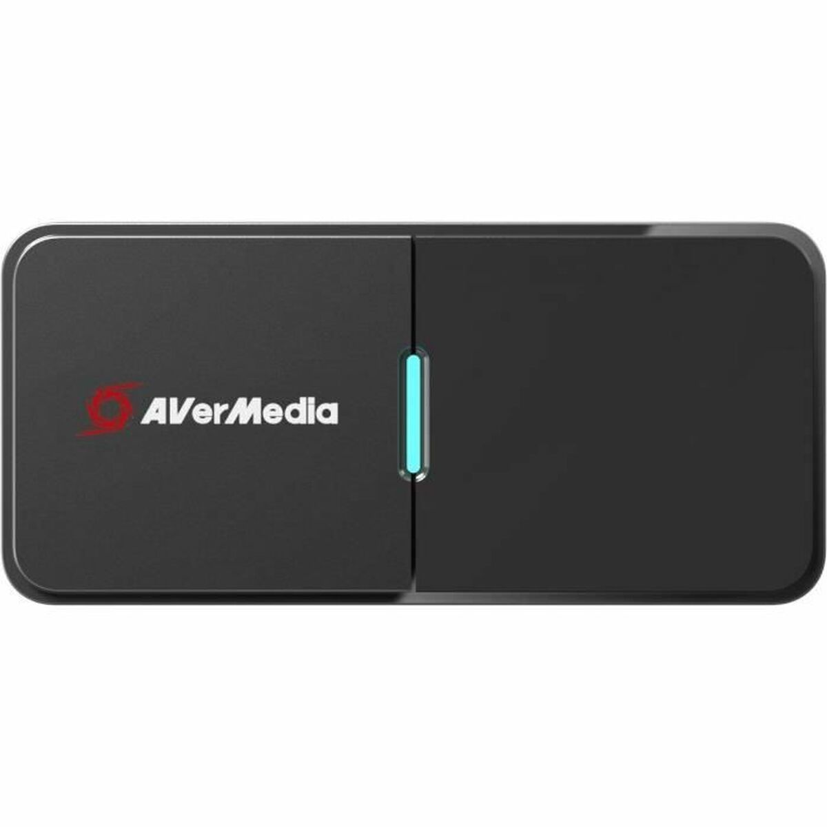Een zwart AVerMedia-apparaat met een blauwe lichtindicator, op een witte achtergrond.