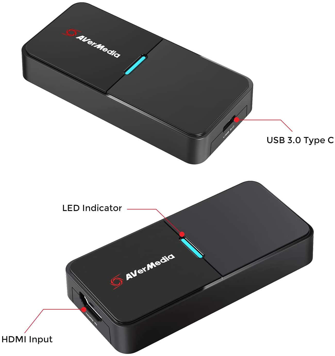 Zwart AVerMedia-apparaat, met blauw licht en USB 3.0- en HDMI-poorten. Boven- en onderaanzicht.