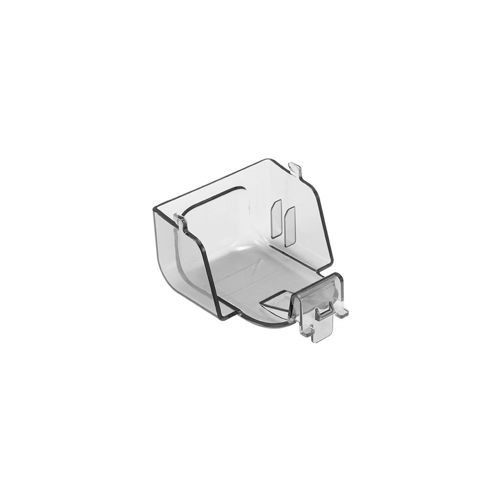 Una custodia di plastica trasparente con un design ritagliato, su sfondo bianco.