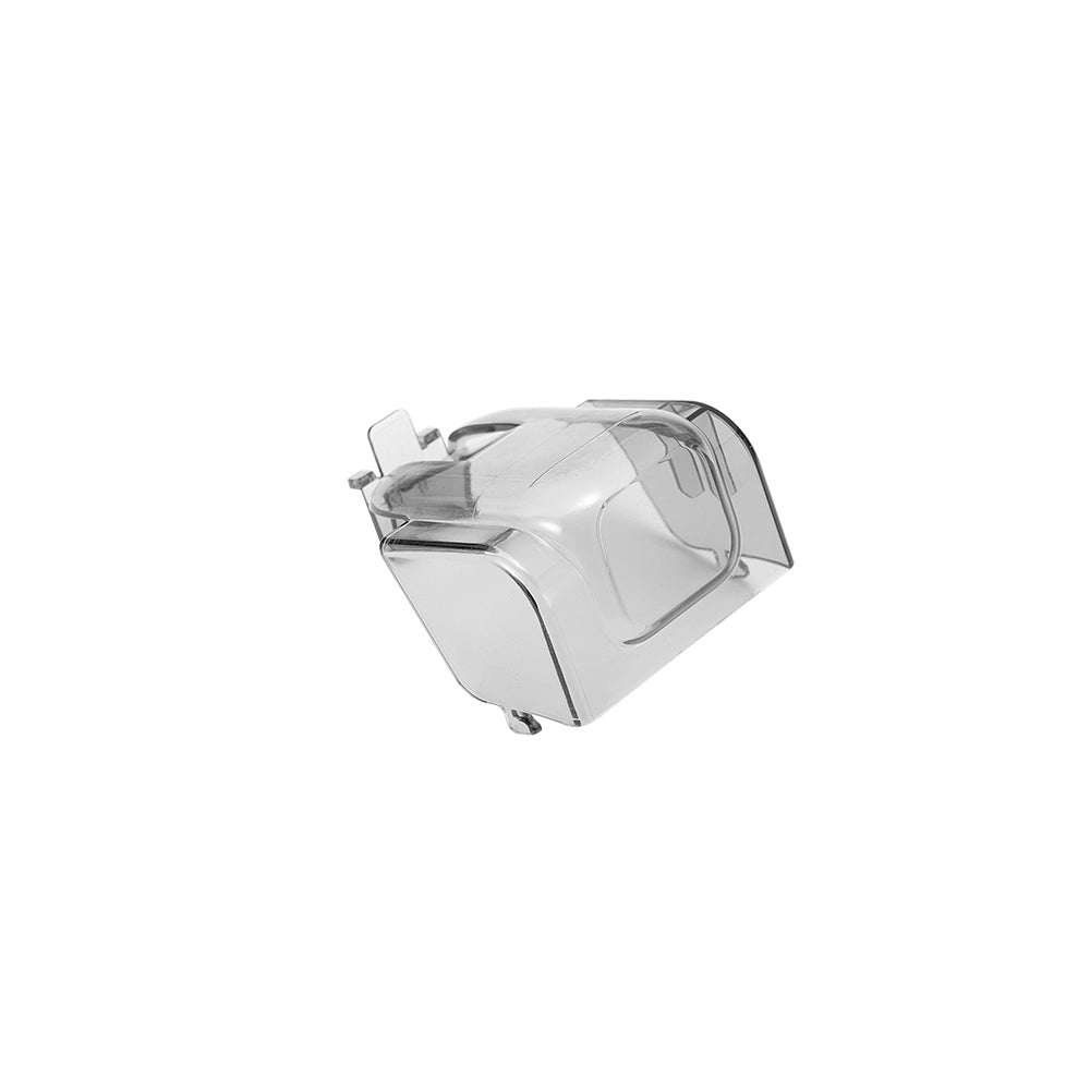Una custodia di plastica trasparente con un design ritagliato, su sfondo bianco.