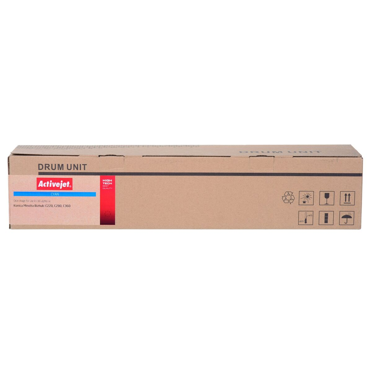 Una scatola marrone con testo "DRUM UNIT" ed etichetta ciano con testo "Activejet".
