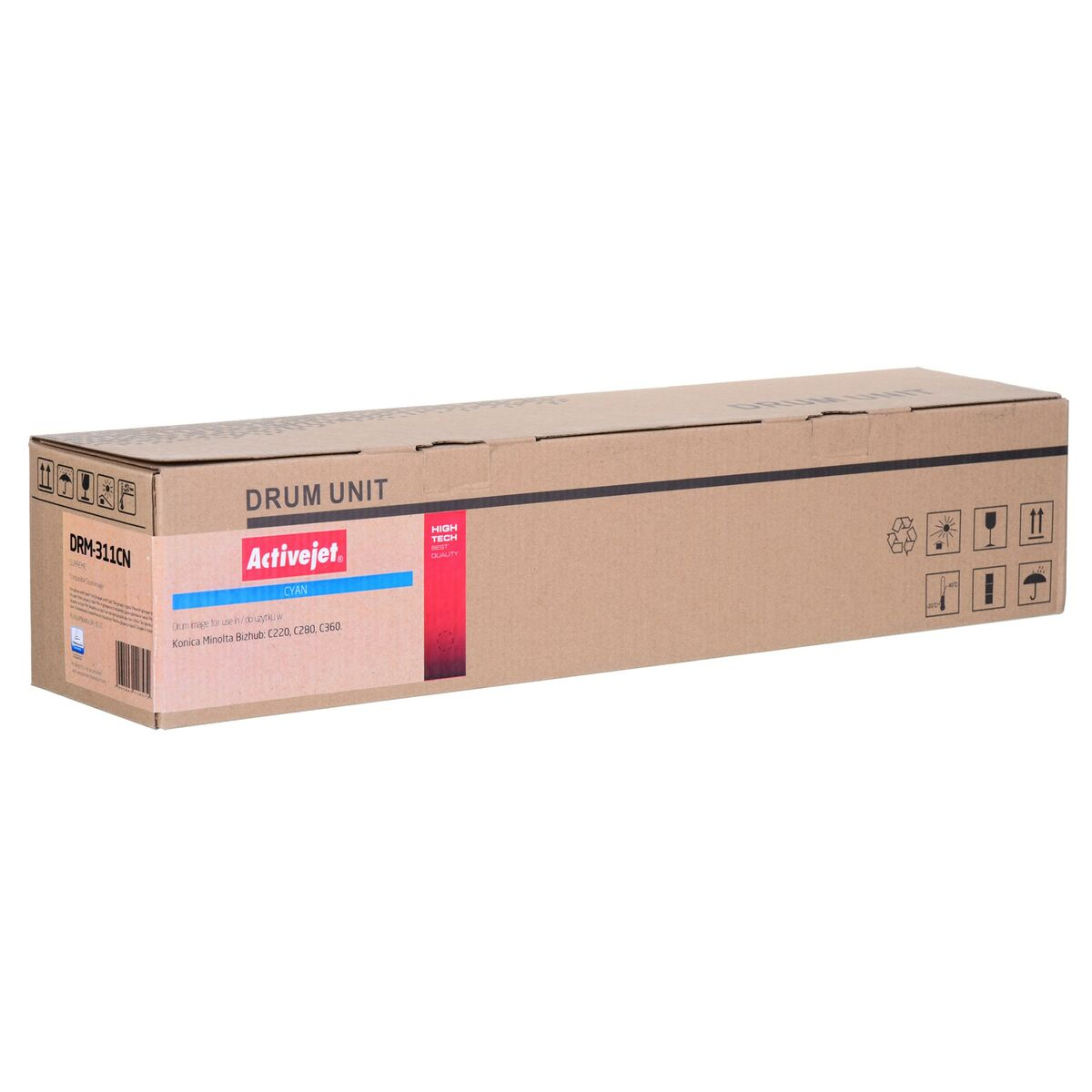 Scatola marrone con testo. Dice, DRM-311CN, Drum Unit e altre informazioni. Sfondo bianco.