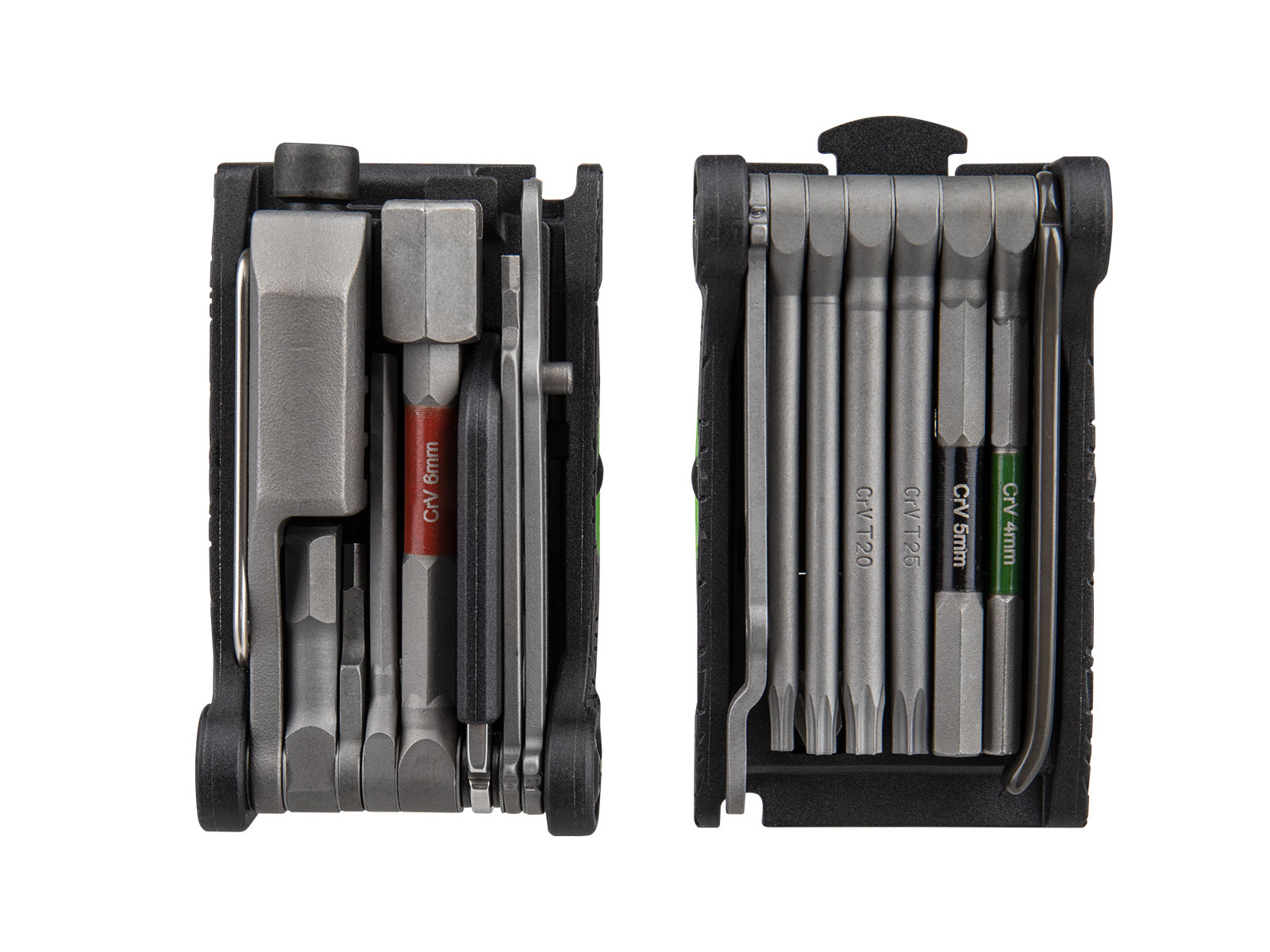 Wielofunkcyjne narzędzie z różnymi bitami, otwarte, na białym tle. Pokazuje różne rozmiary i kształty.