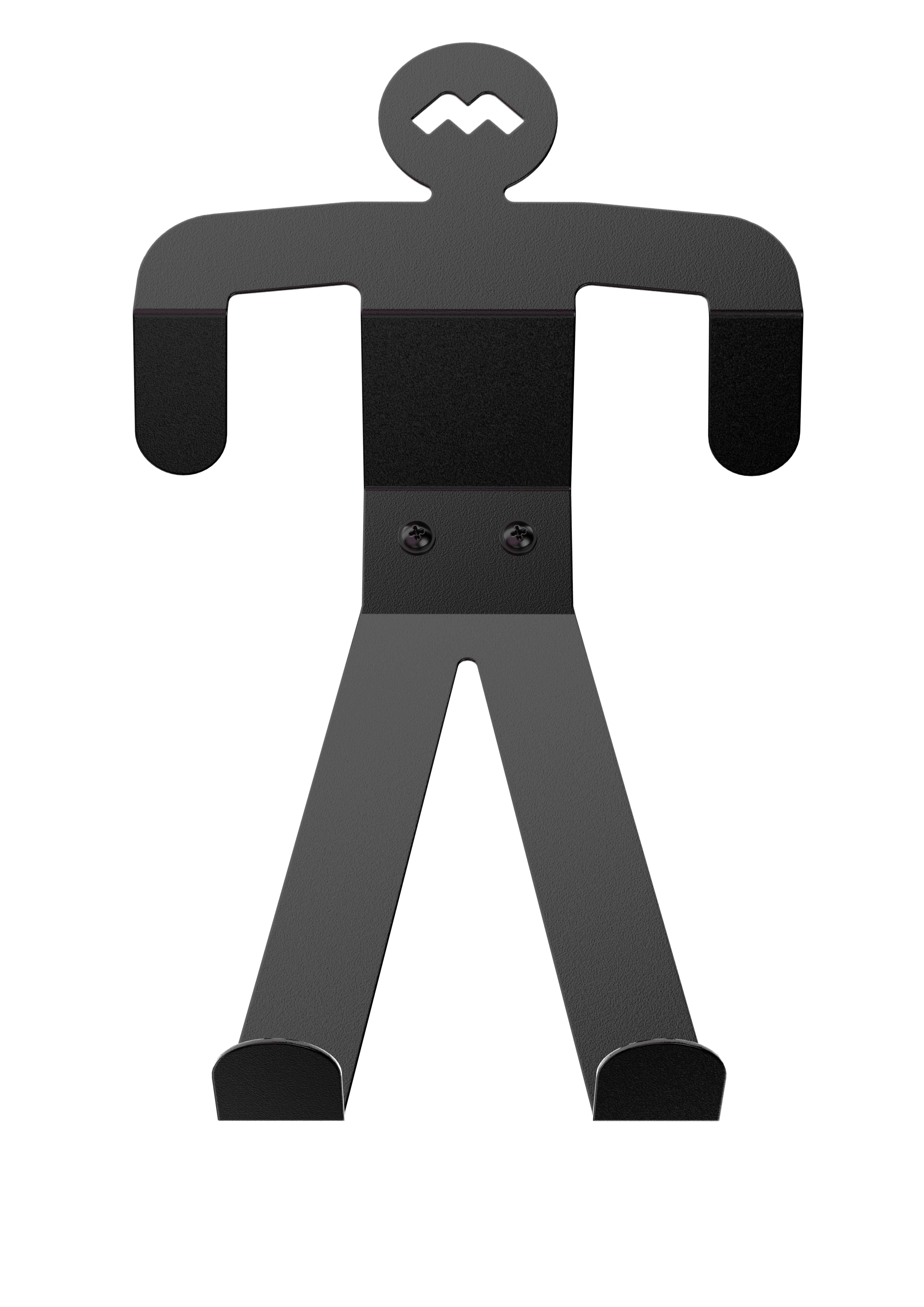 Czarna metalowa figura, która wygląda jak osoba. Jest płaska i ma ramiona i nogi.