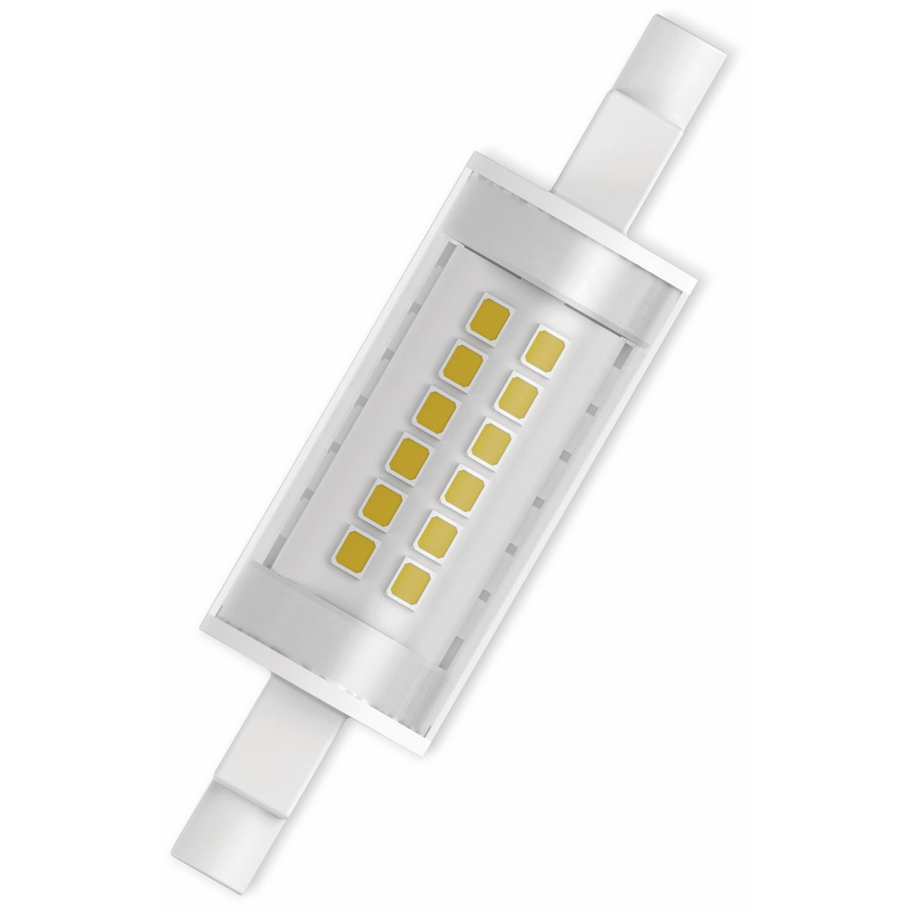 Una lampadina LED bianca. Ha luci gialle e due perni di plastica bianca.